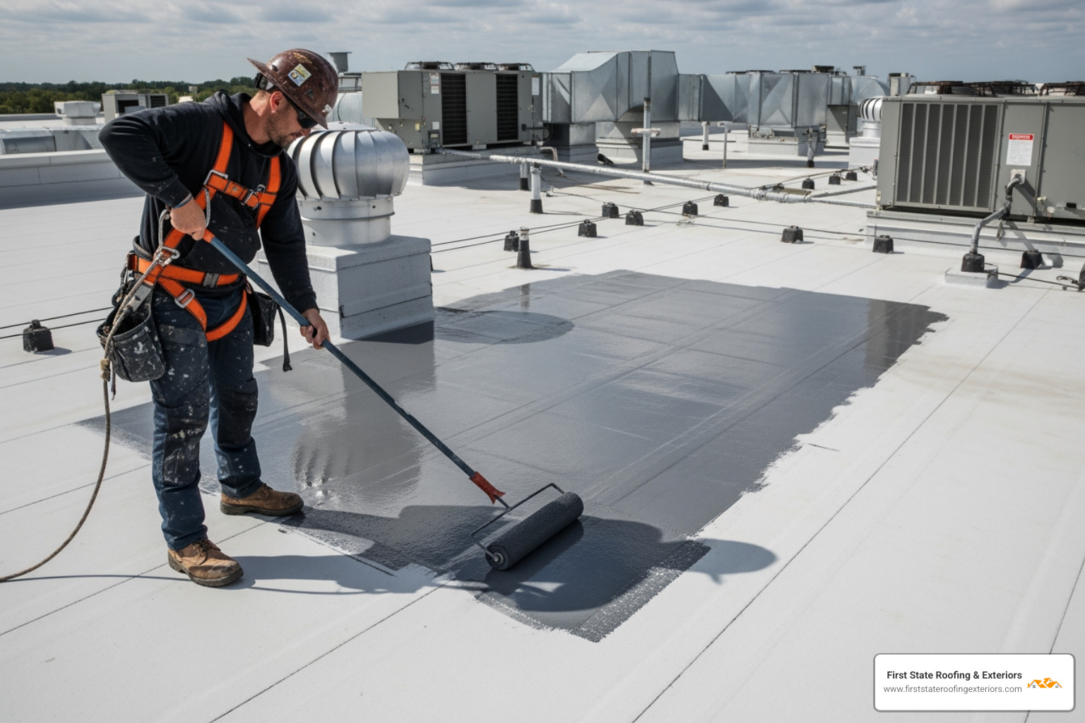 A contractor applying a liquid membrane to a commercial roof with a roller, wearing a safety harness - roof waterproofing solutions
