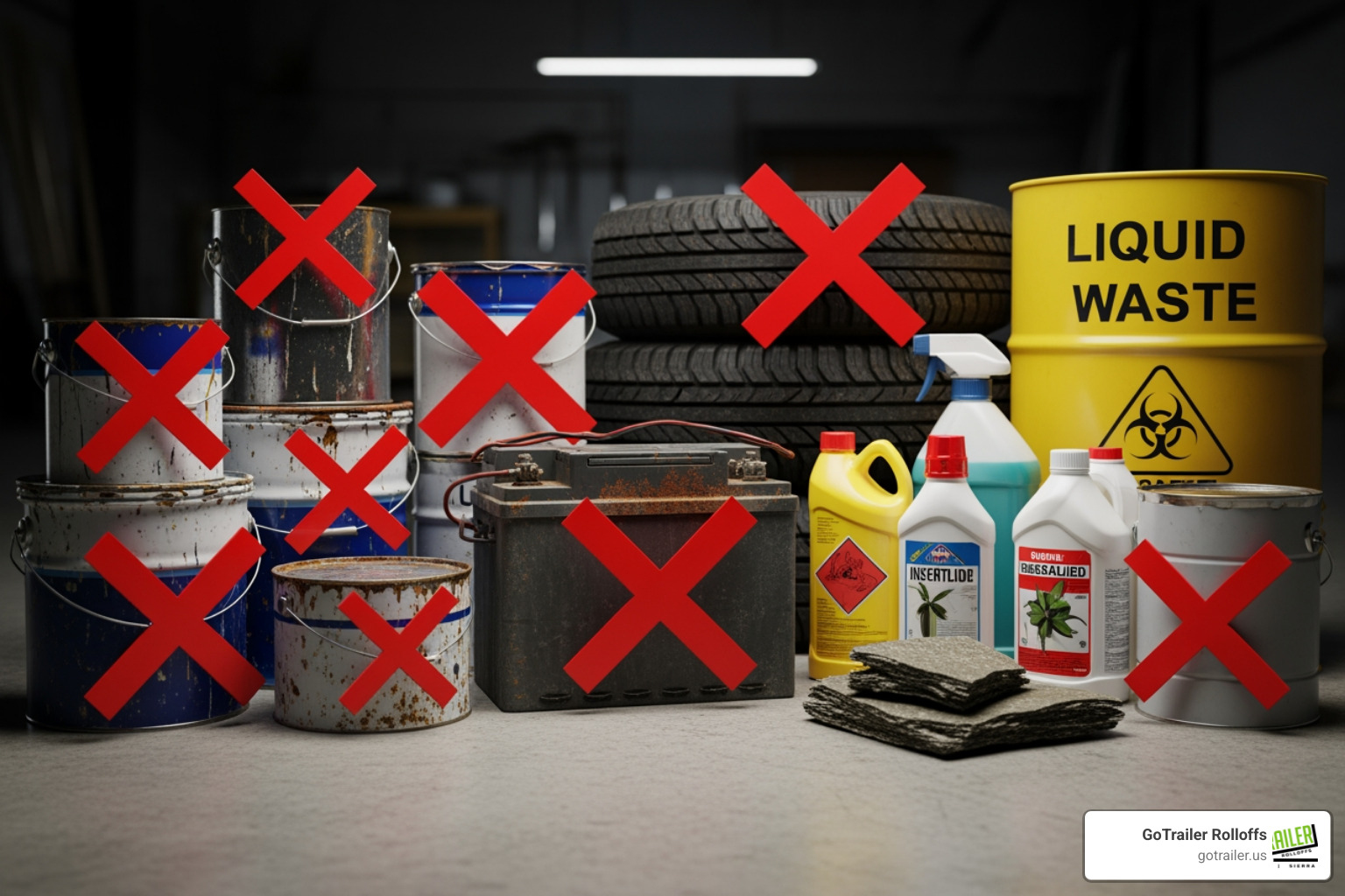 Image of prohibited items with red 'X' marks over them - debris dumpsters near me Image of prohibited items with red 'X' marks over them - debris dumpsters near me