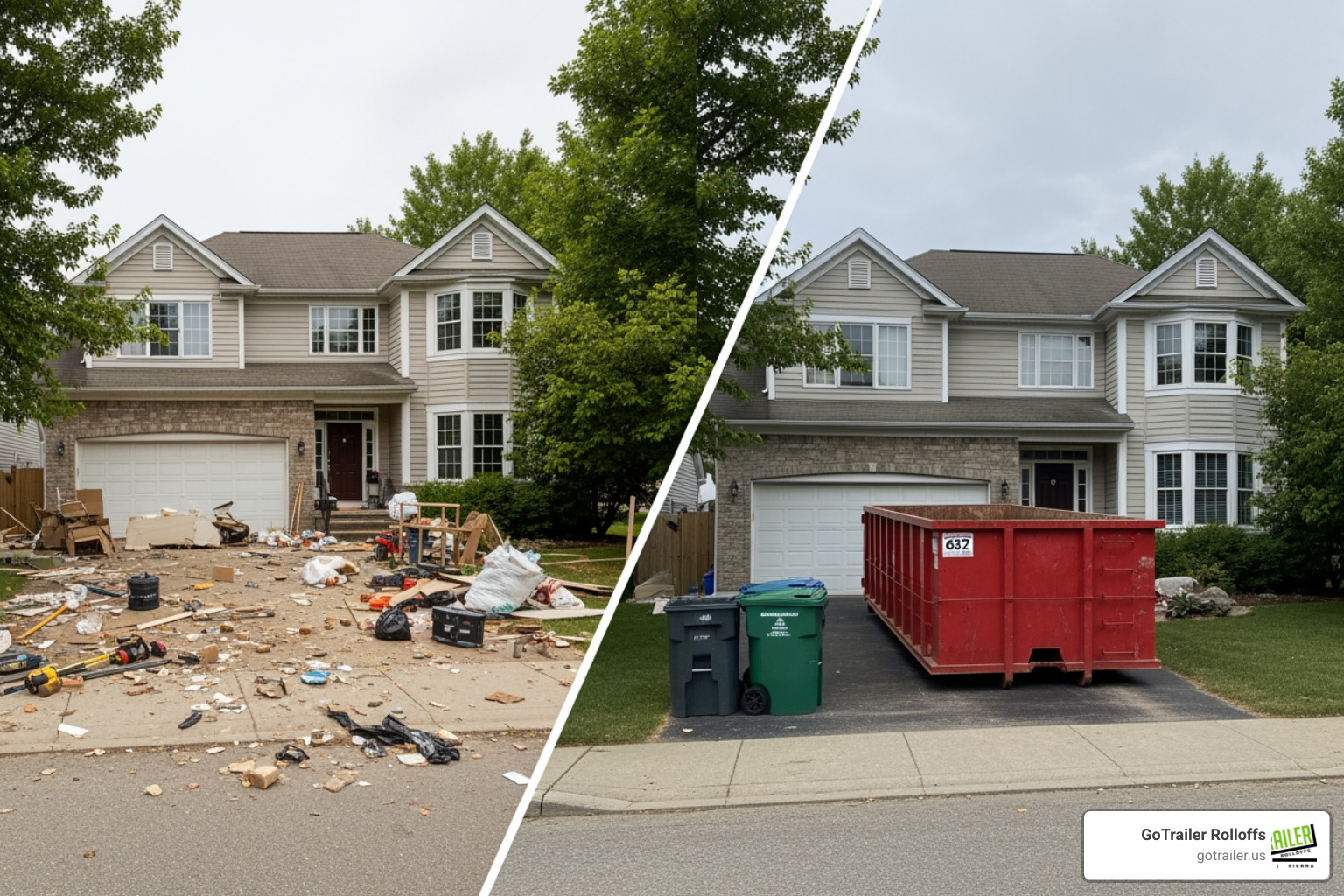 A split image showing a renovation site with scattered debris and tools on one side, contrasted with a clean, organized site with a roll-off dumpster in the driveway on the other side. - dumpster home renovation help