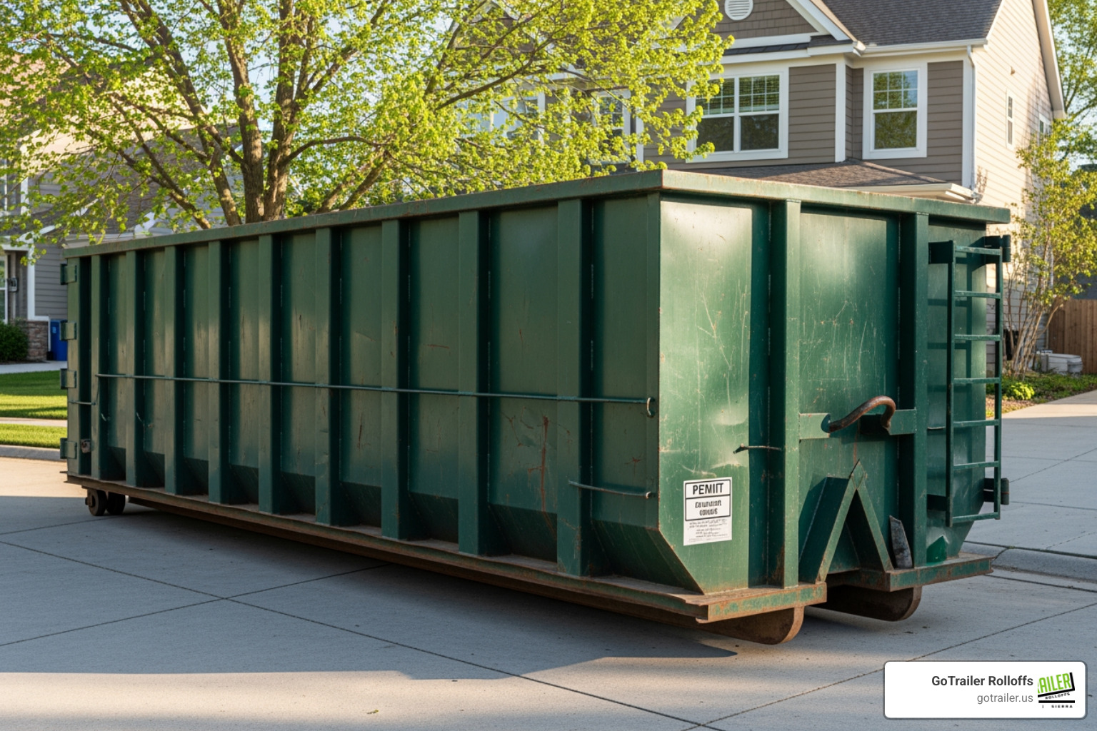 A roll-off dumpster parked in a residential driveway, with a small, visible permit sticker on its side. - dumpster home renovation help