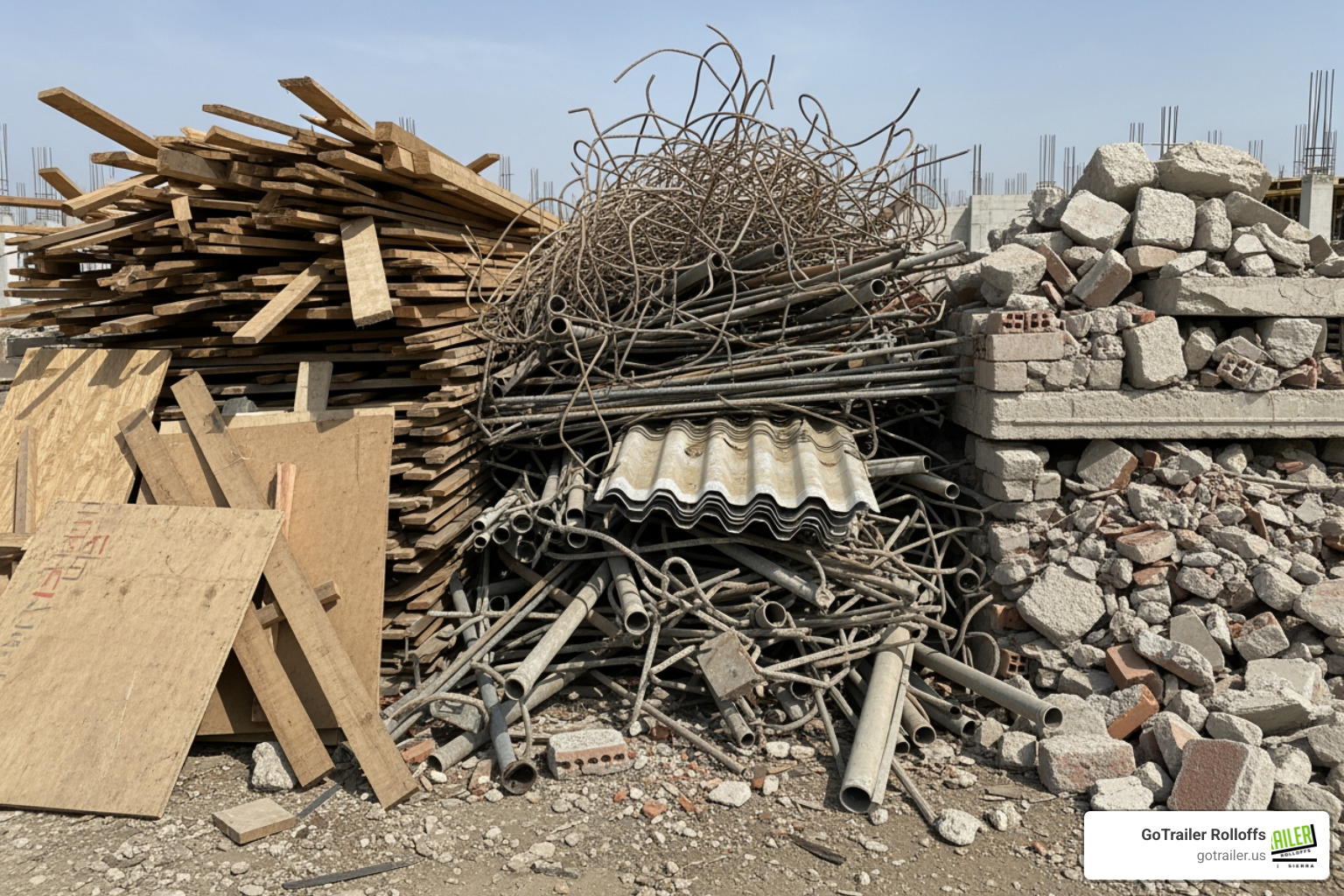 sorted construction debris piles (wood, metal, concrete) - construction debris removal