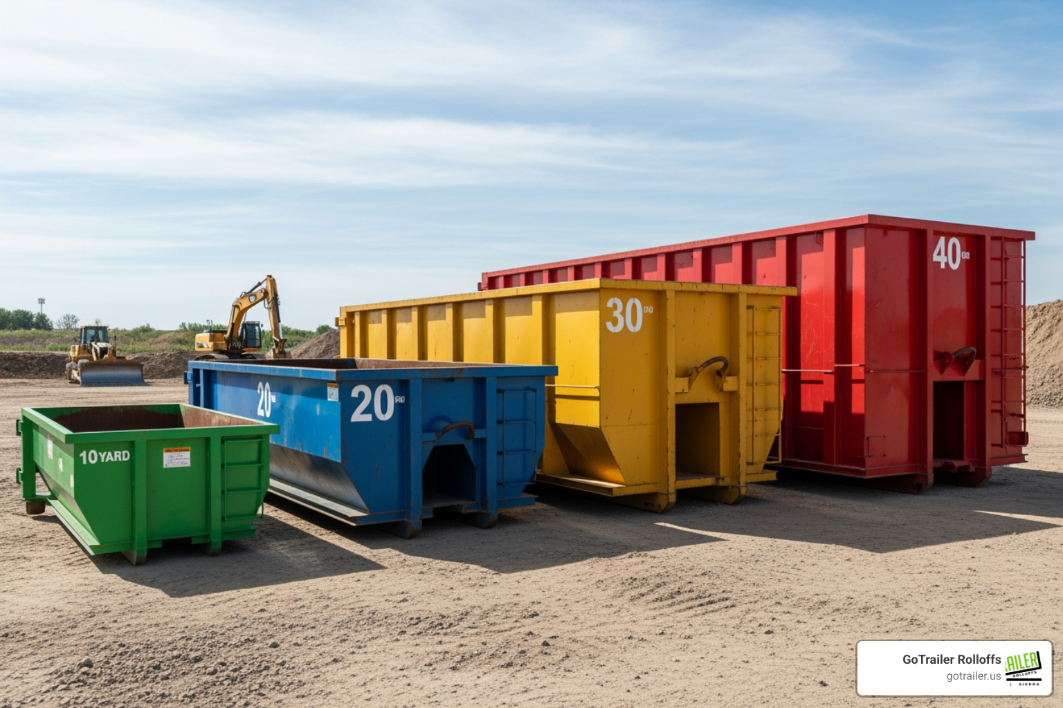 of different sized roll-off dumpsters (10, 20, 30, 40 yard) lined up for comparison - contractor dumpster rental of different sized roll-off dumpsters (10, 20, 30, 40 yard) lined up for comparison - contractor dumpster rental