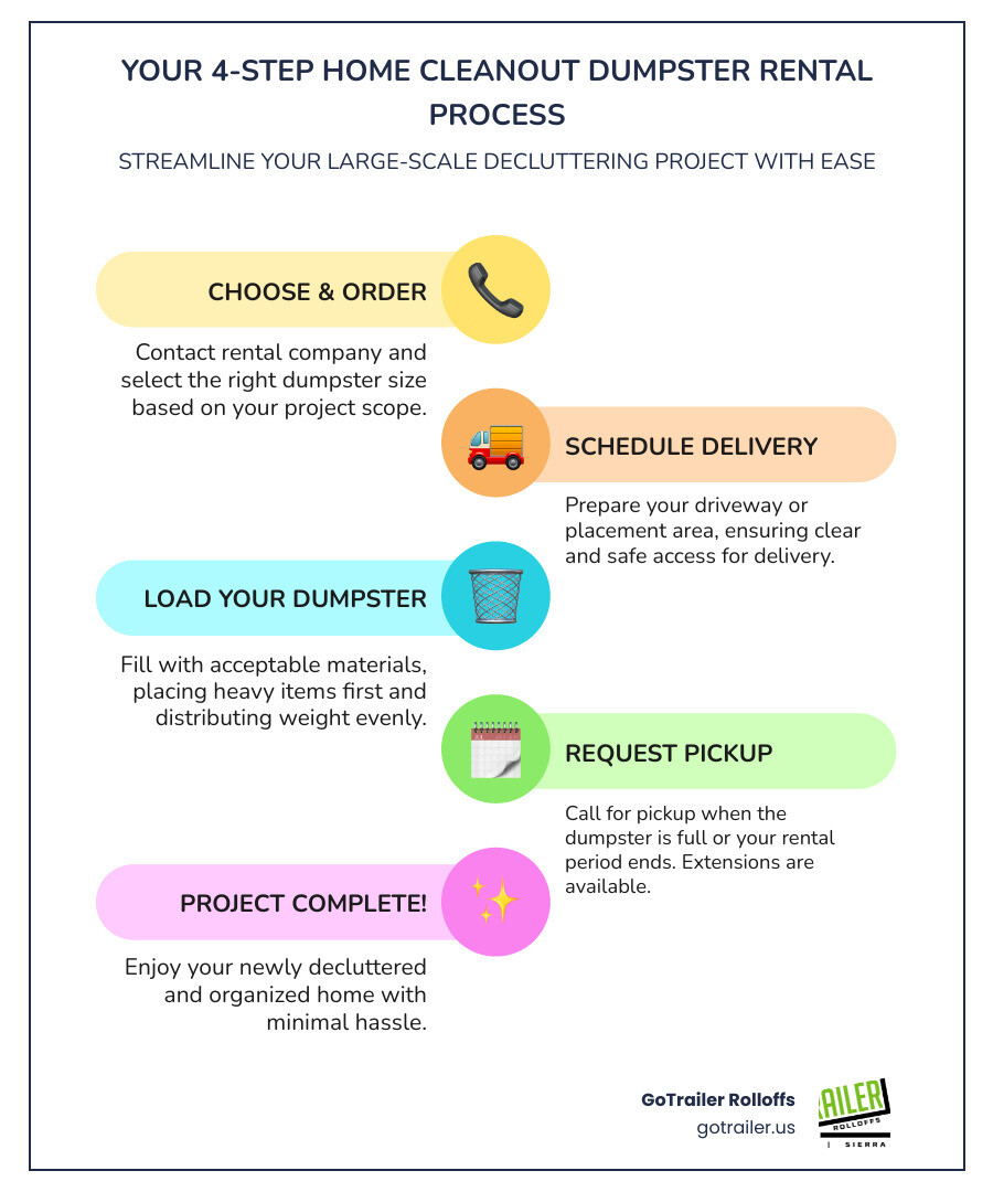 Infographic showing the 4-step home cleanout dumpster rental process: Step 1 - Contact rental company and choose dumpster size based on project scope; Step 2 - Schedule delivery and prepare driveway or placement area with clear access; Step 3 - Load dumpster with acceptable materials, placing heavy items first and distributing weight evenly; Step 4 - Call for pickup when full or rental period ends, with option to extend if needed - home cleanout dumpster infographic infographic-line-5-steps-colors
