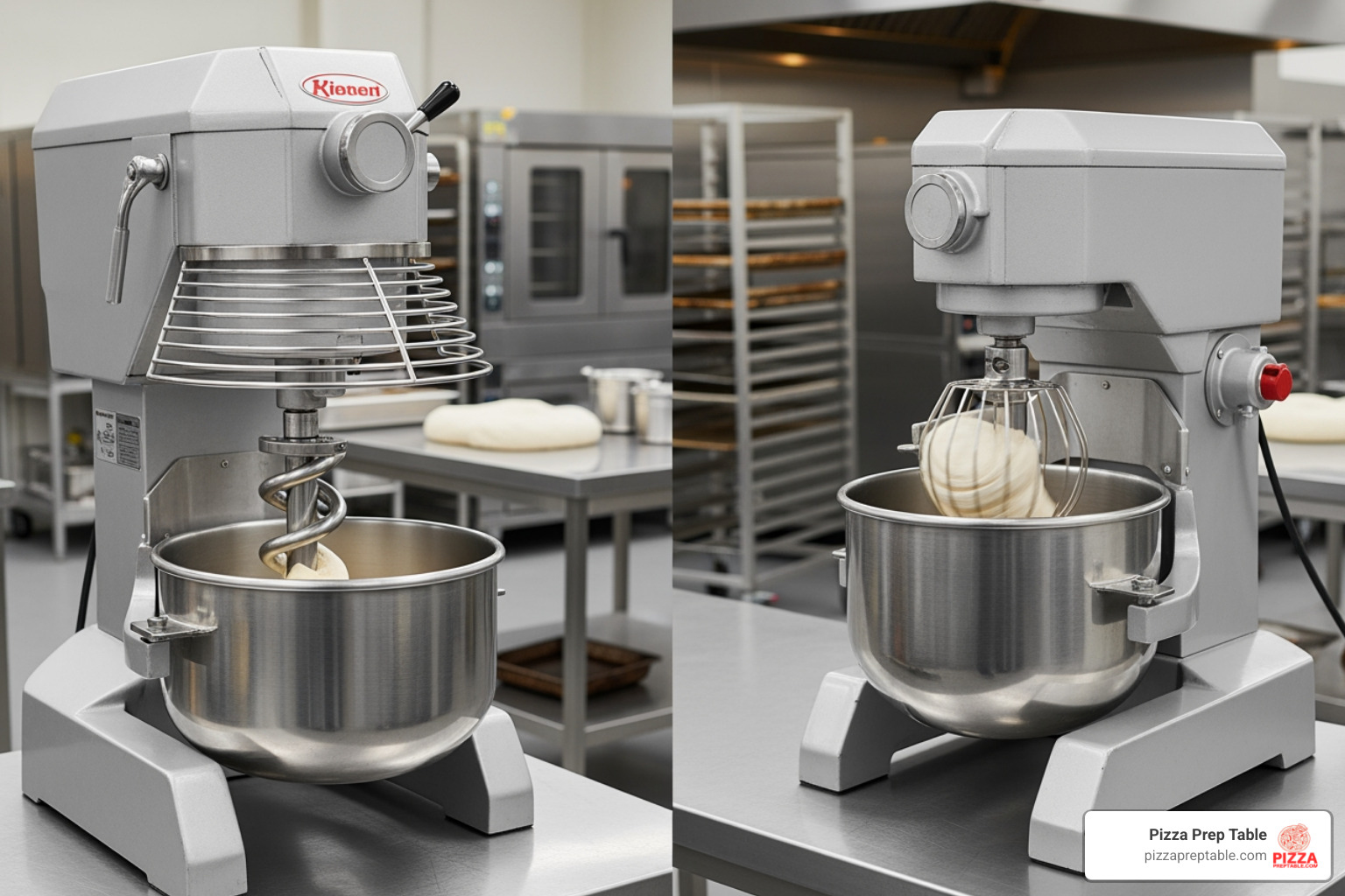 side-by-side comparison of a spiral mixer and a planetary mixer - Dough mixing machine