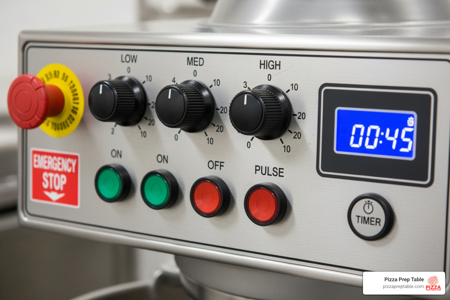 control panel on a dough mixer showing speed settings and a timer - Dough mixing machine