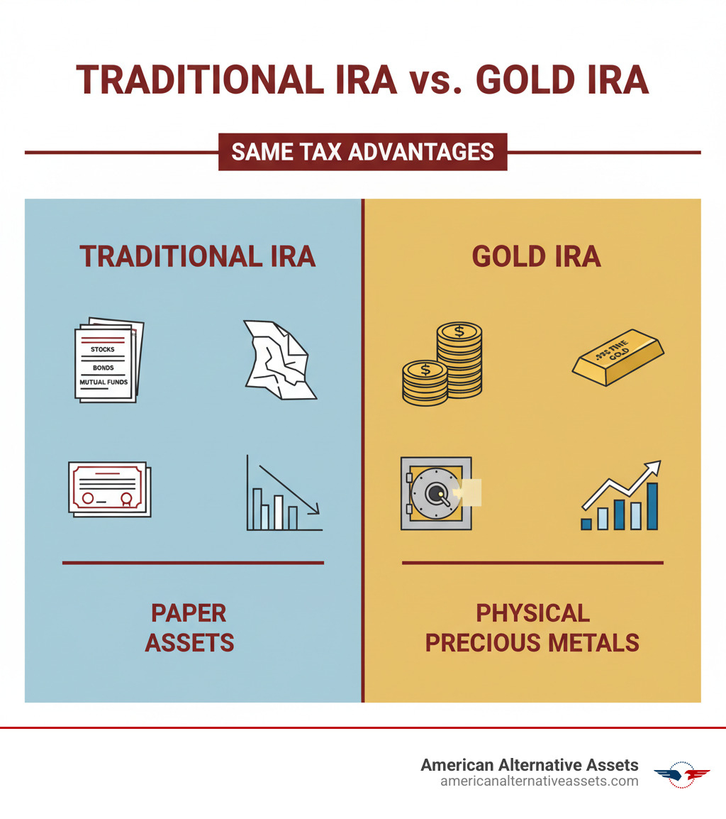 Infographic showing a Traditional IRA on the left with icons of stocks, bonds, and mutual funds as paper certificates, versus a Gold IRA on the right with images of physical gold coins and bars stored in a vault, highlighting that Traditional IRAs hold paper assets while Gold IRAs hold physical precious metals with the same tax advantages - gold backed ira account infographic 