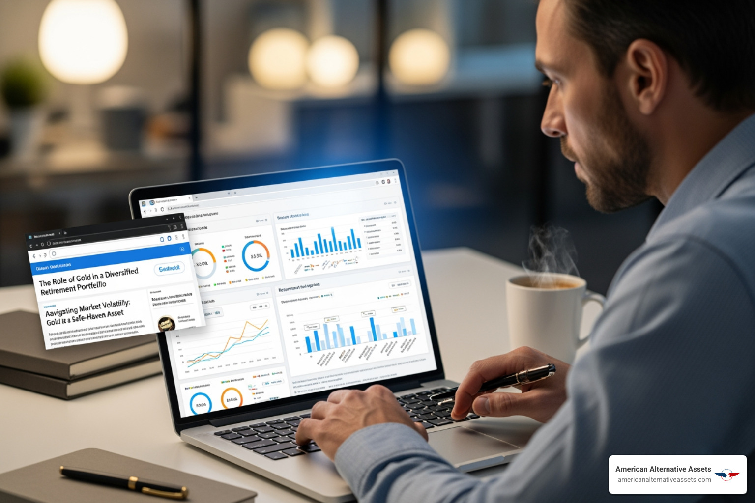 a person on a laptop researching gold IRA companies - gold backed ira account