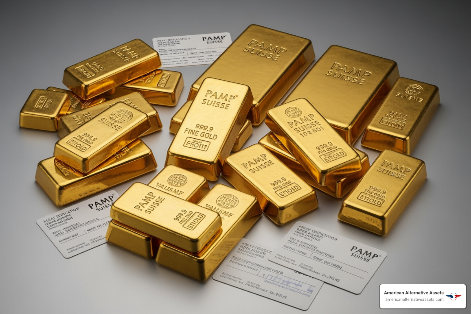 various sizes of gold bars with assay cards - investing physical gold