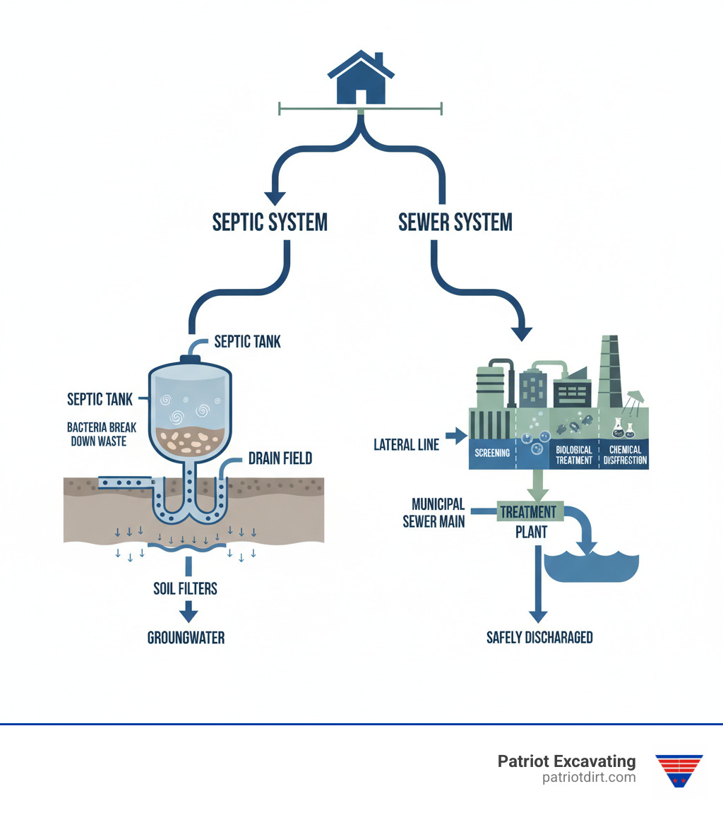 Infographic showing wastewater flow from a home through two pathways: one path shows wastewater entering a septic tank where solids settle and bacteria break down waste, then effluent flows to a drain field where soil filters the water before it reaches groundwater; the second path shows wastewater flowing through a lateral line to a municipal sewer main, then traveling to a centralized treatment plant where it undergoes screening, biological treatment, and chemical disinfection before being safely discharged - septic vs sewer infographic 