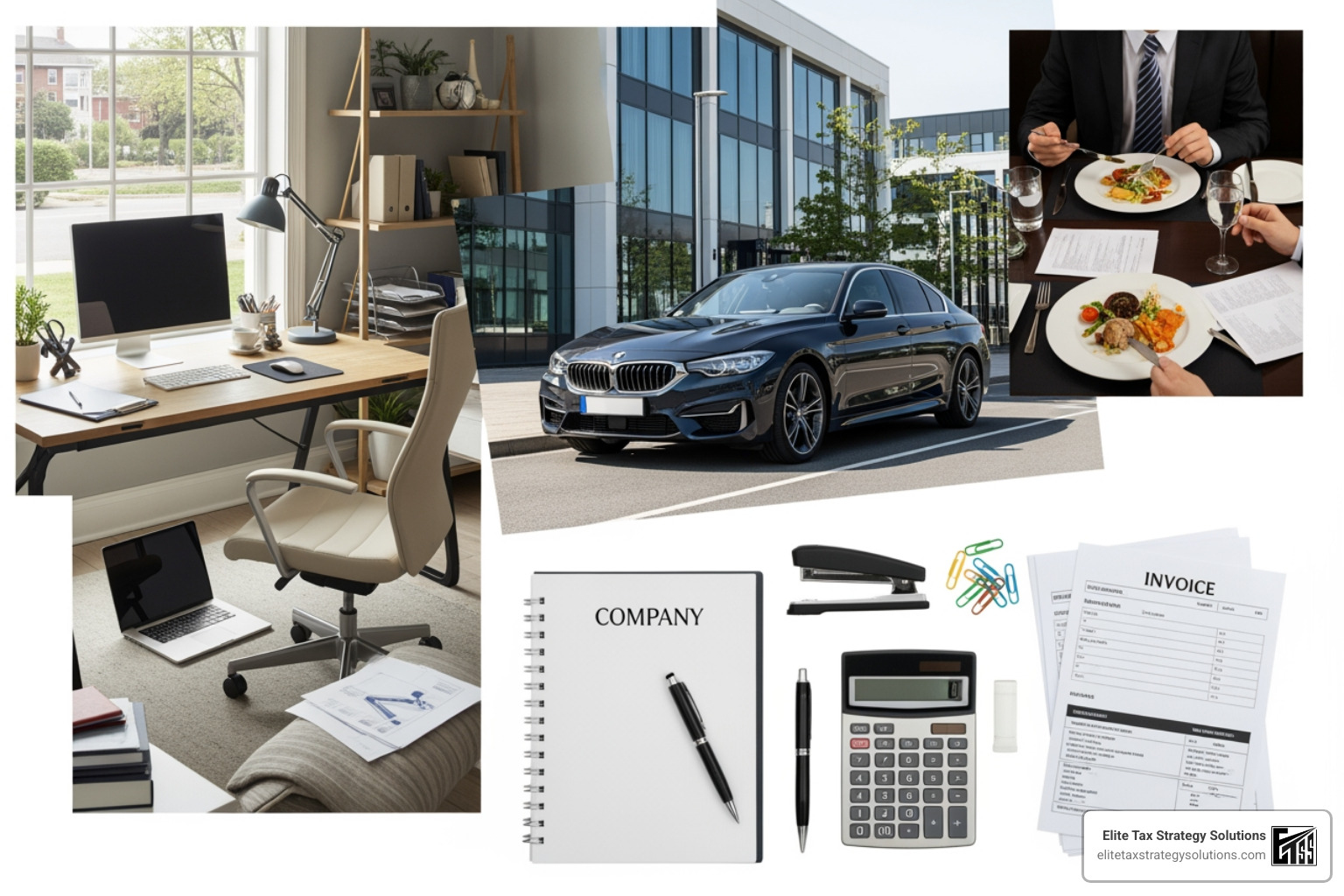 Collage of business expenses including a car, home office, business lunch, and office supplies - irs publication 535 Collage of business expenses including a car, home office, business lunch, and office supplies - irs publication 535