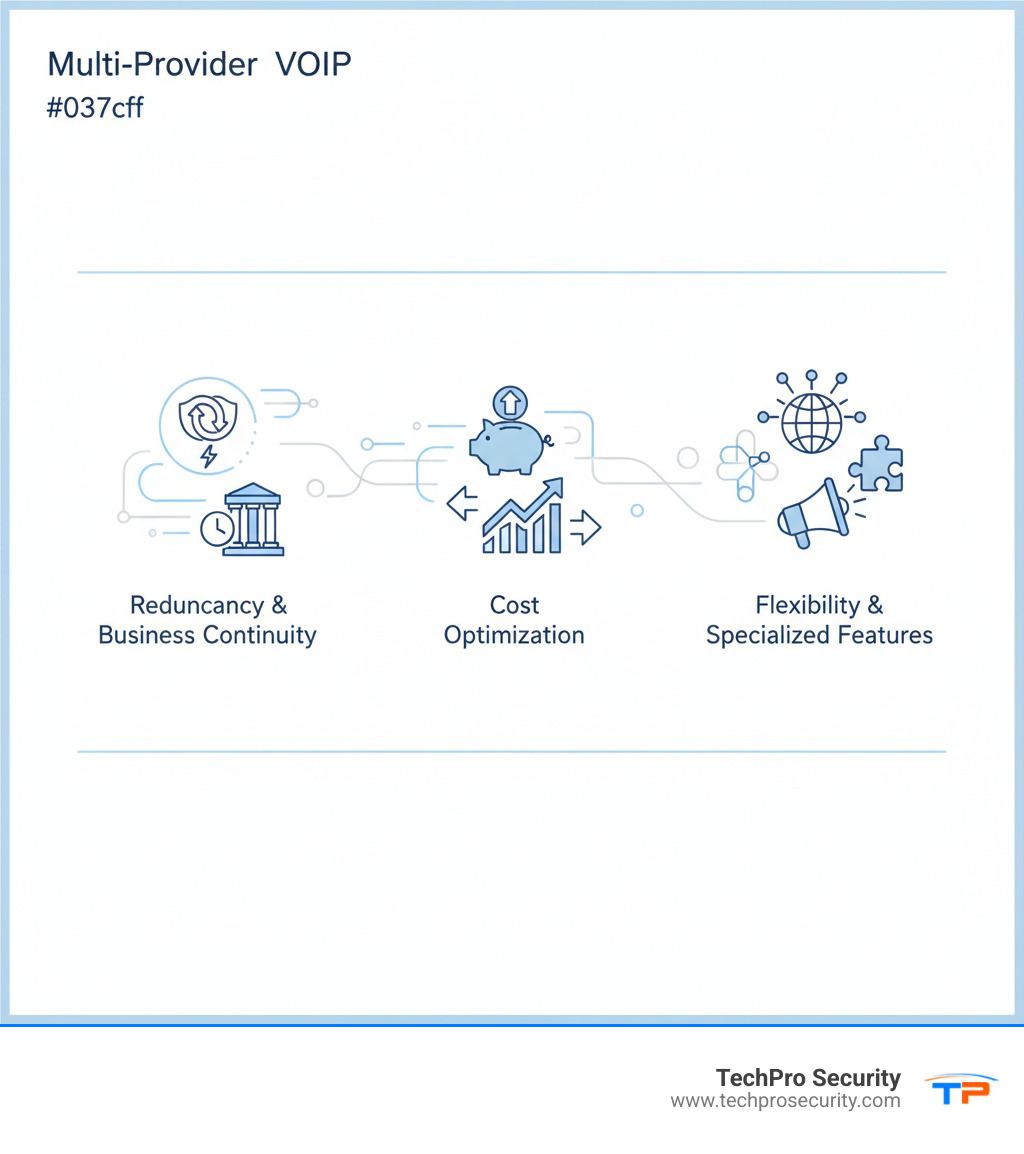 infographic showing three main benefits of multi-provider VoIP: redundancy and business continuity with automatic failover, cost optimization through smart routing and competitive leverage, and flexibility with access to specialized features and geographic coverage - how to manage multiple pbx voip service providers infographic 