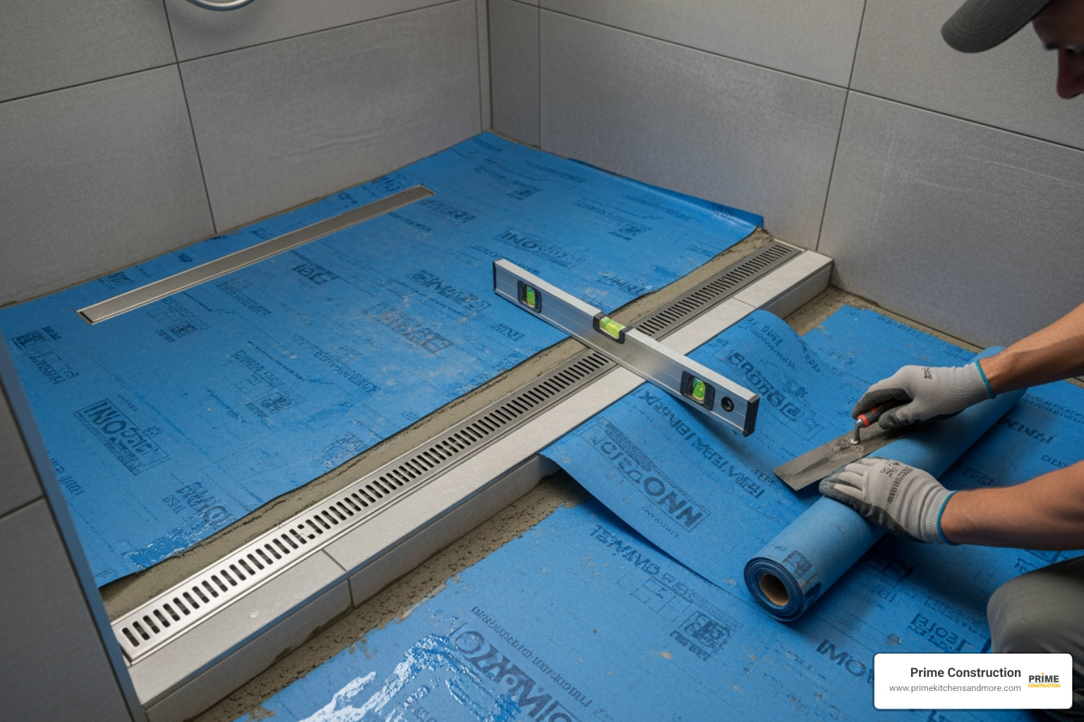 contractor installing linear drain and waterproofing membrane - curbless shower design