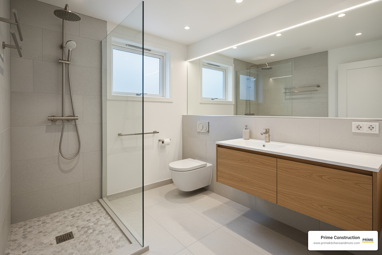 small bathroom with curbless shower appearing larger - curbless shower design