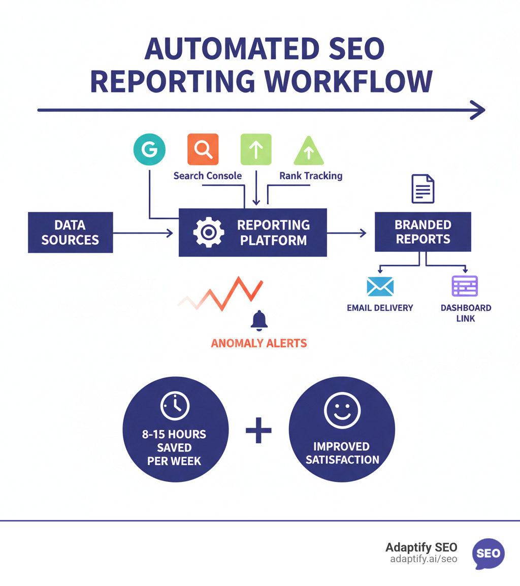 infographic showing the automated SEO reporting workflow: data sources connect to reporting platform, which generates branded reports, delivers them via email or dashboard link, and sends alerts for anomalies—saving agencies 8-15 hours per week while improving client satisfaction - Automated SEO Reporting infographic