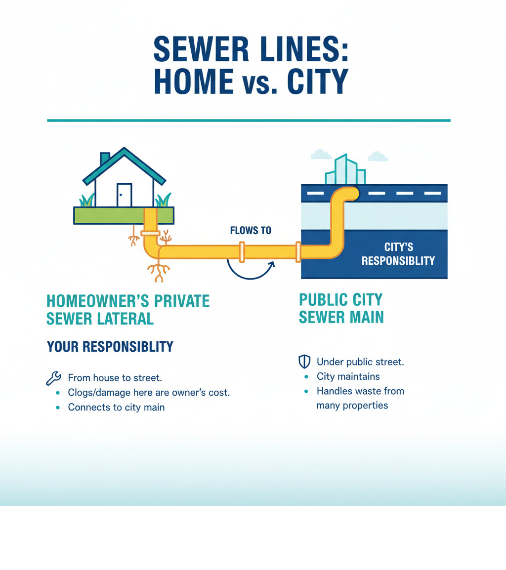 Infographic showing the difference between a homeowner's private sewer lateral and the public city sewer main - sewer plumbing repair infographic Infographic showing the difference between a homeowner's private sewer lateral and the public city sewer main - sewer plumbing repair infographic