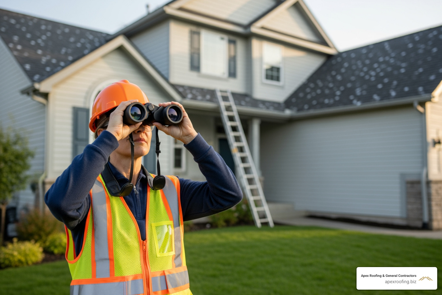person safely inspecting roof with binoculars - hail damage roof insurance claim person safely inspecting roof with binoculars - hail damage roof insurance claim