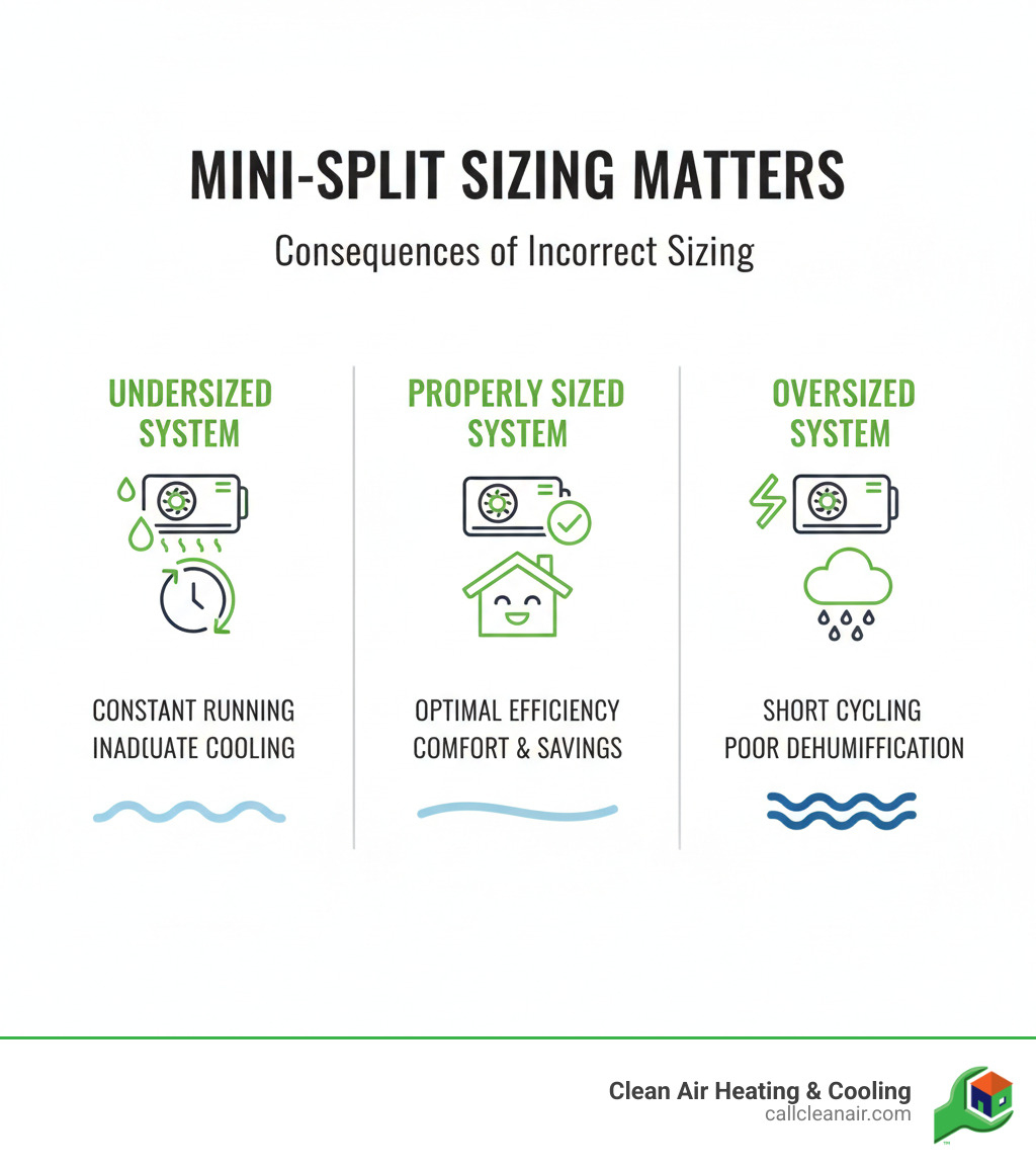 infographic showing the consequences of incorrect mini split sizing with three columns: undersized system showing constant running and inadequate cooling, properly sized system showing optimal efficiency and comfort, and oversized system showing short cycling and poor dehumidification - mini split sizing infographic 