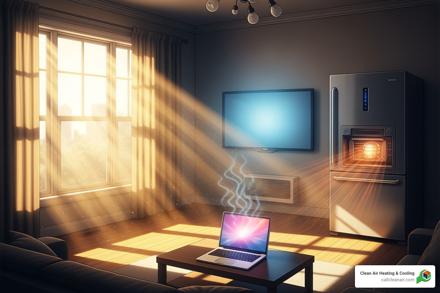 illustration of various heat load factors in a room like sunlight, windows, and appliances - mini split sizing