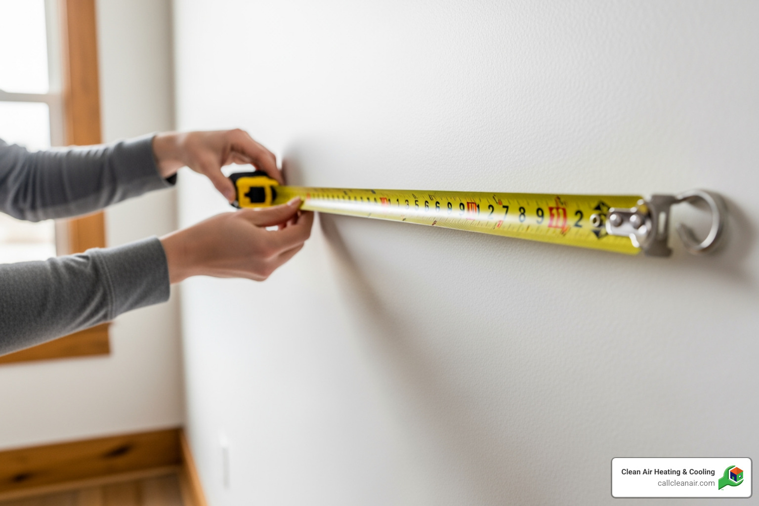 person using a tape measure to measure a room's length - mini split sizing
