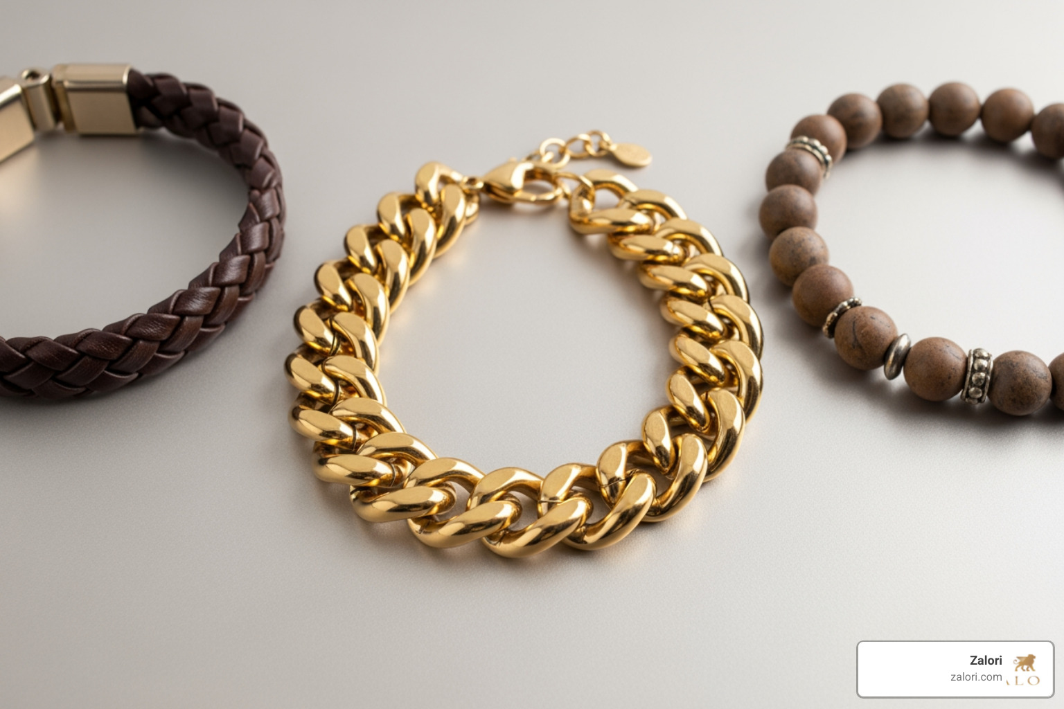 Flat lay of gold chain, leather, and beaded Italian bracelets - italian gents bracelet Flat lay of gold chain, leather, and beaded Italian bracelets - italian gents bracelet