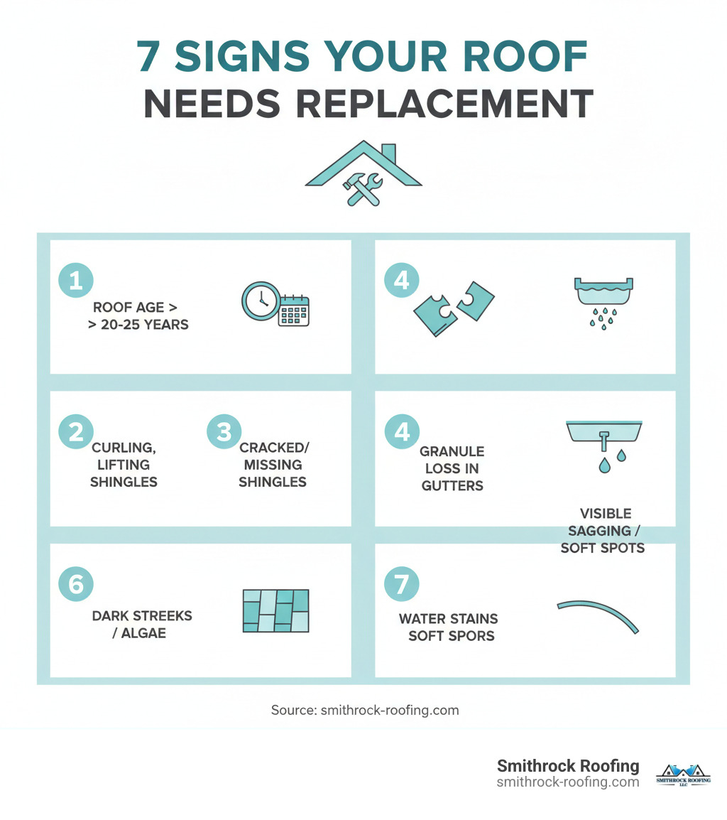 Infographic showing the top 7 signs your roof needs replacement: 1) Roof age exceeding 20-25 years, 2) Curling, cupping, or lifting shingles, 3) Cracked or missing shingle tabs, 4) Excessive granule loss visible in gutters, 5) Dark streaks or algae growth on roof surface, 6) Water stains on interior ceilings or walls, 7) Visible sagging or soft spots on the roof deck - roof replacement Greensboro infographic 