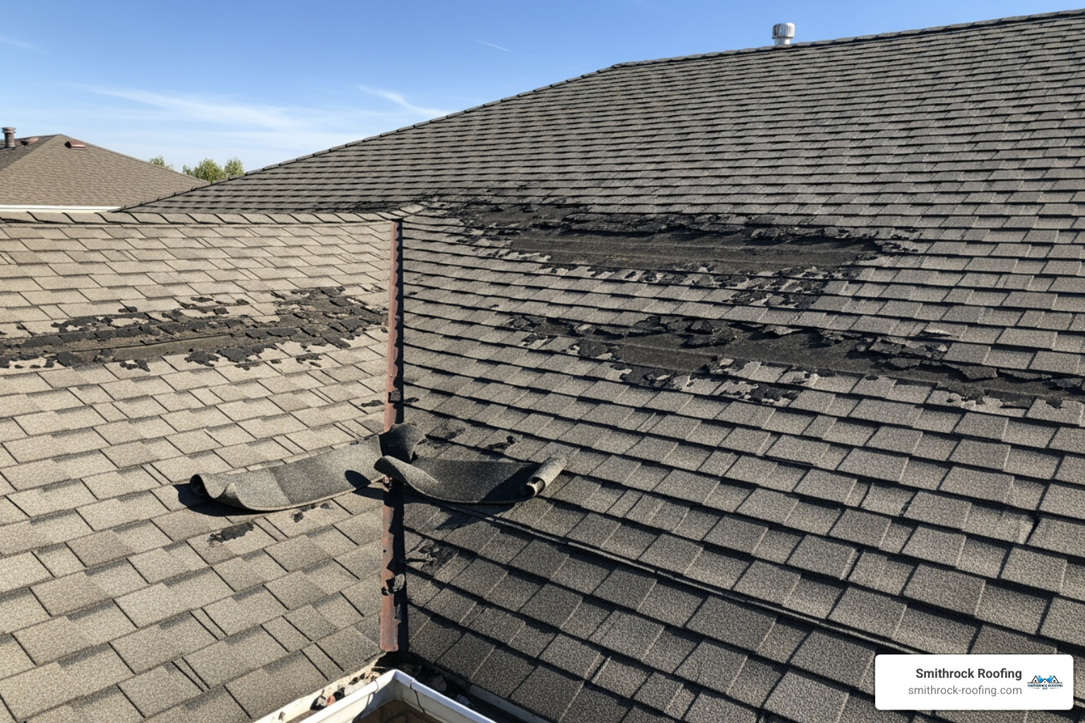 A residential roof showing clear signs of granule loss, with bare patches on the shingles, and some curling at the edges - roof replacement Greensboro