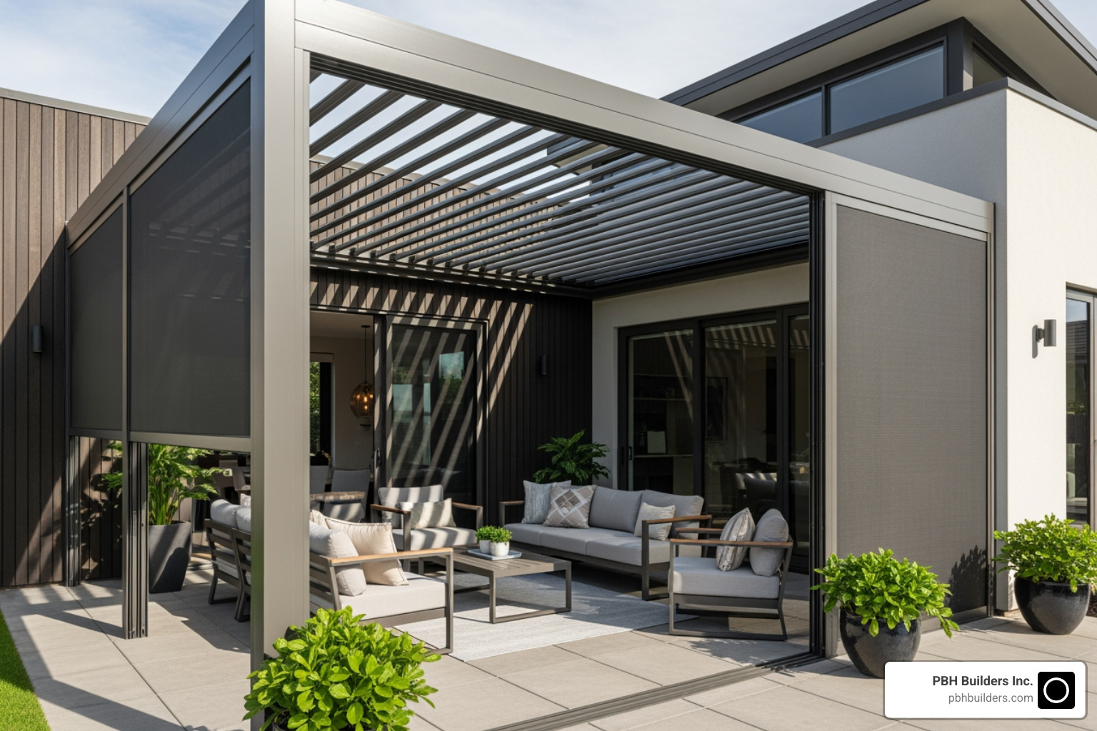 patio with a custom adjustable roof system and retractable screens - Outdoor comfort solutions patio with a custom adjustable roof system and retractable screens - Outdoor comfort solutions