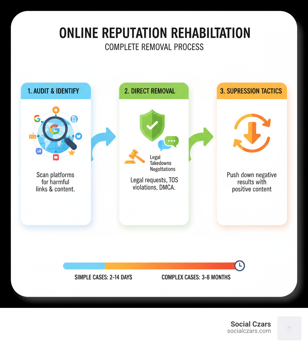 Infographic showing the complete negative content removal process: starting with a comprehensive audit identifying harmful links across platforms, moving through direct removal strategies including legal takedowns and platform negotiations, and ending with suppression tactics when removal isn't possible—with average timelines of 2-14 days for simple cases and 3-8 months for complex situations - negative content removal service infographic Infographic showing the complete negative content removal process: starting with a comprehensive audit identifying harmful links across platforms, moving through direct removal strategies including legal takedowns and platform negotiations, and ending with suppression tactics when removal isn't possible—with average timelines of 2-14 days for simple cases and 3-8 months for complex situations - negative content removal service infographic