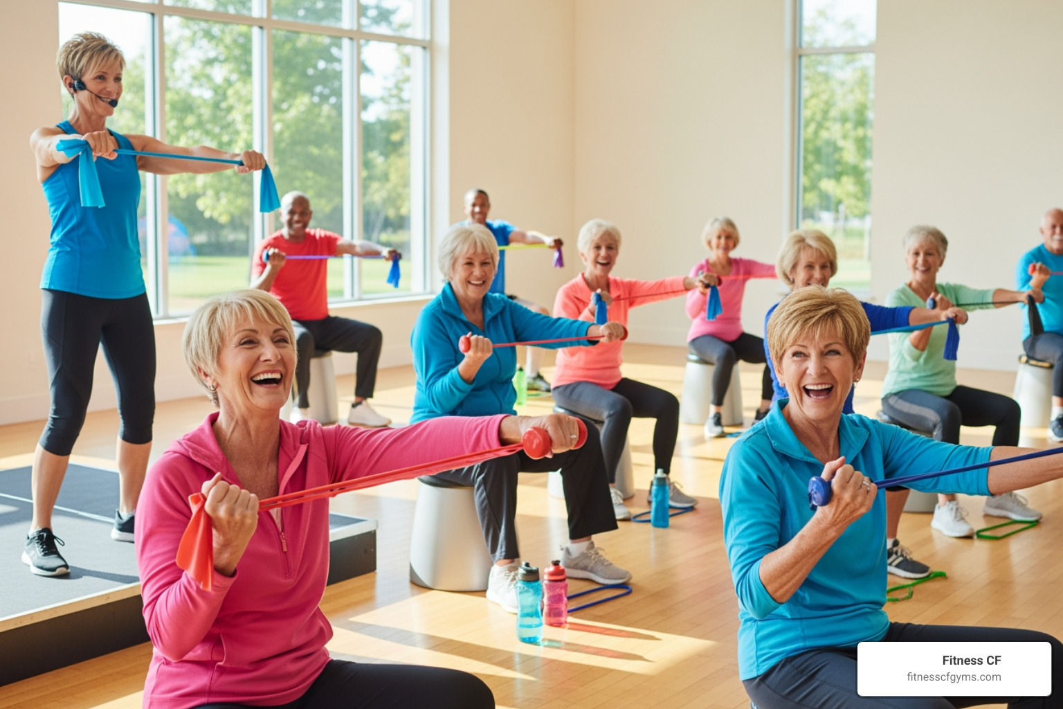 image of seniors laughing and socializing during a fitness class - low impact zumba for seniors