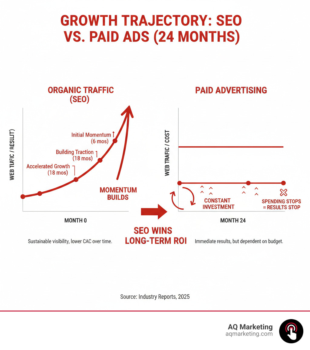 infographic comparing SEO compound growth versus linear paid advertising costs over 24 months, showing how organic traffic builds momentum while paid ads require constant spending to maintain results - startup SEO services infographic infographic comparing SEO compound growth versus linear paid advertising costs over 24 months, showing how organic traffic builds momentum while paid ads require constant spending to maintain results - startup SEO services infographic