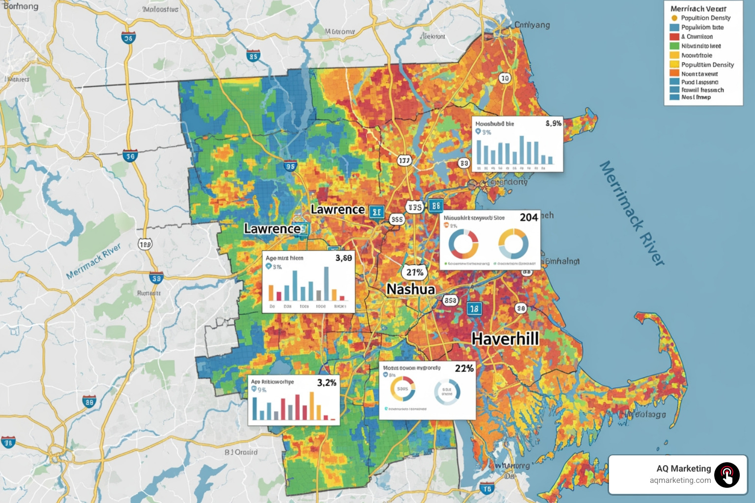 A map of the Merrimack Valley with demographic data overlays, highlighting local market research - new venture marketing A map of the Merrimack Valley with demographic data overlays, highlighting local market research - new venture marketing