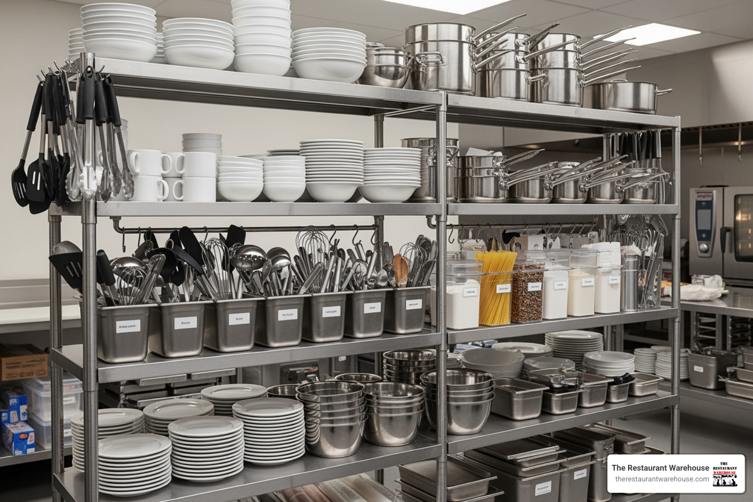 commercial kitchen supplies organized on stainless steel shelving - kitchen supply