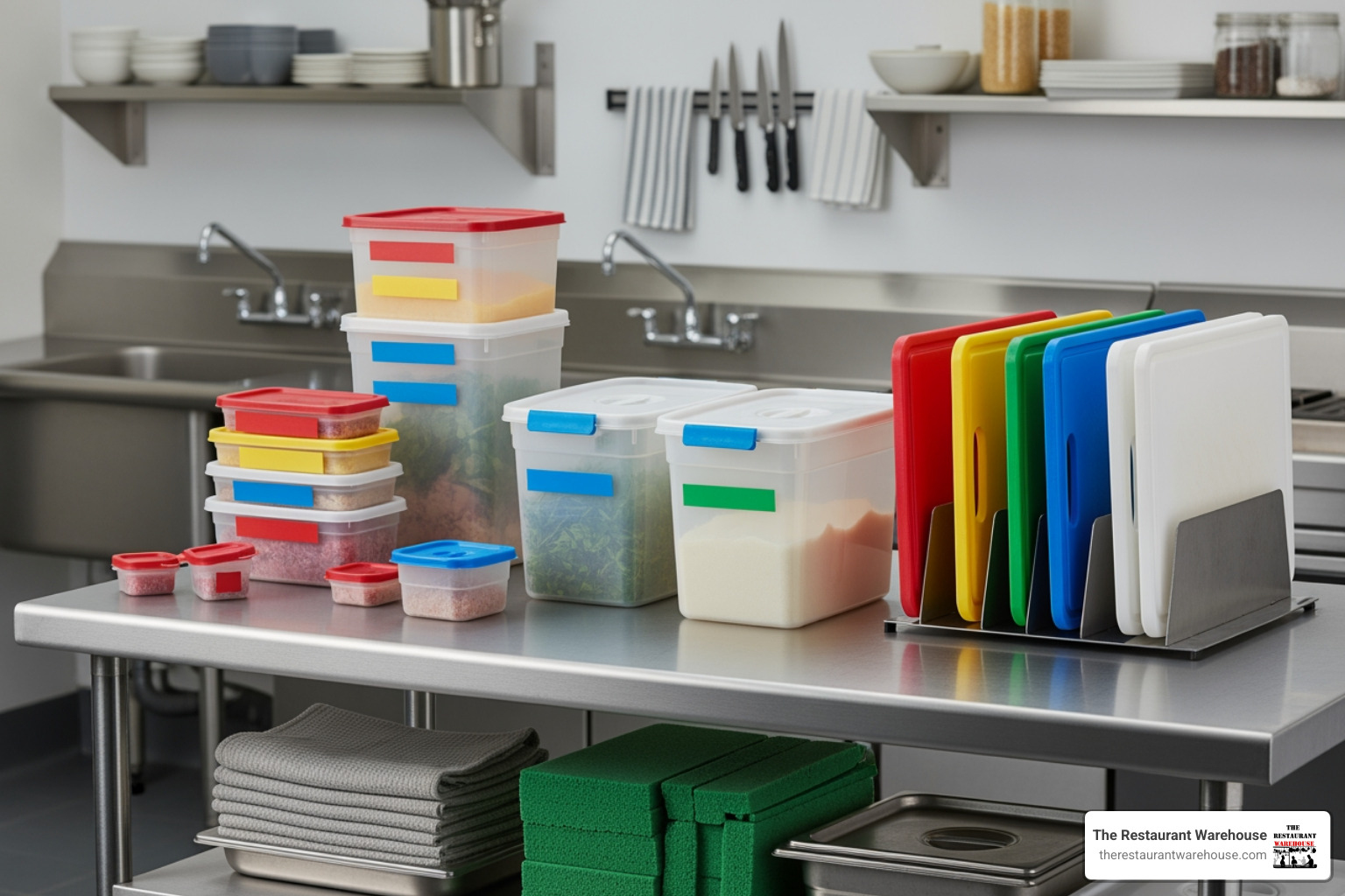 a collection of color-coded food storage containers and cutting boards, illustrating a food safety system - kitchen supply