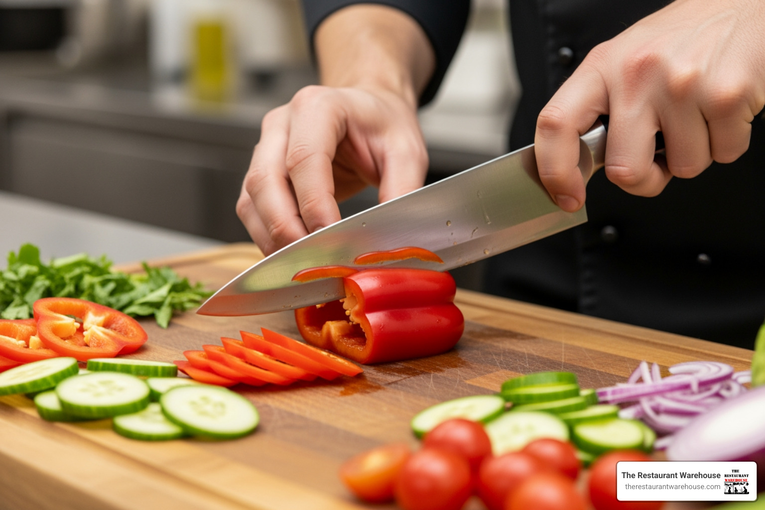 a chef's hands using a high-quality knife on a wooden cutting board, with various fresh vegetables nearby - kitchen supply