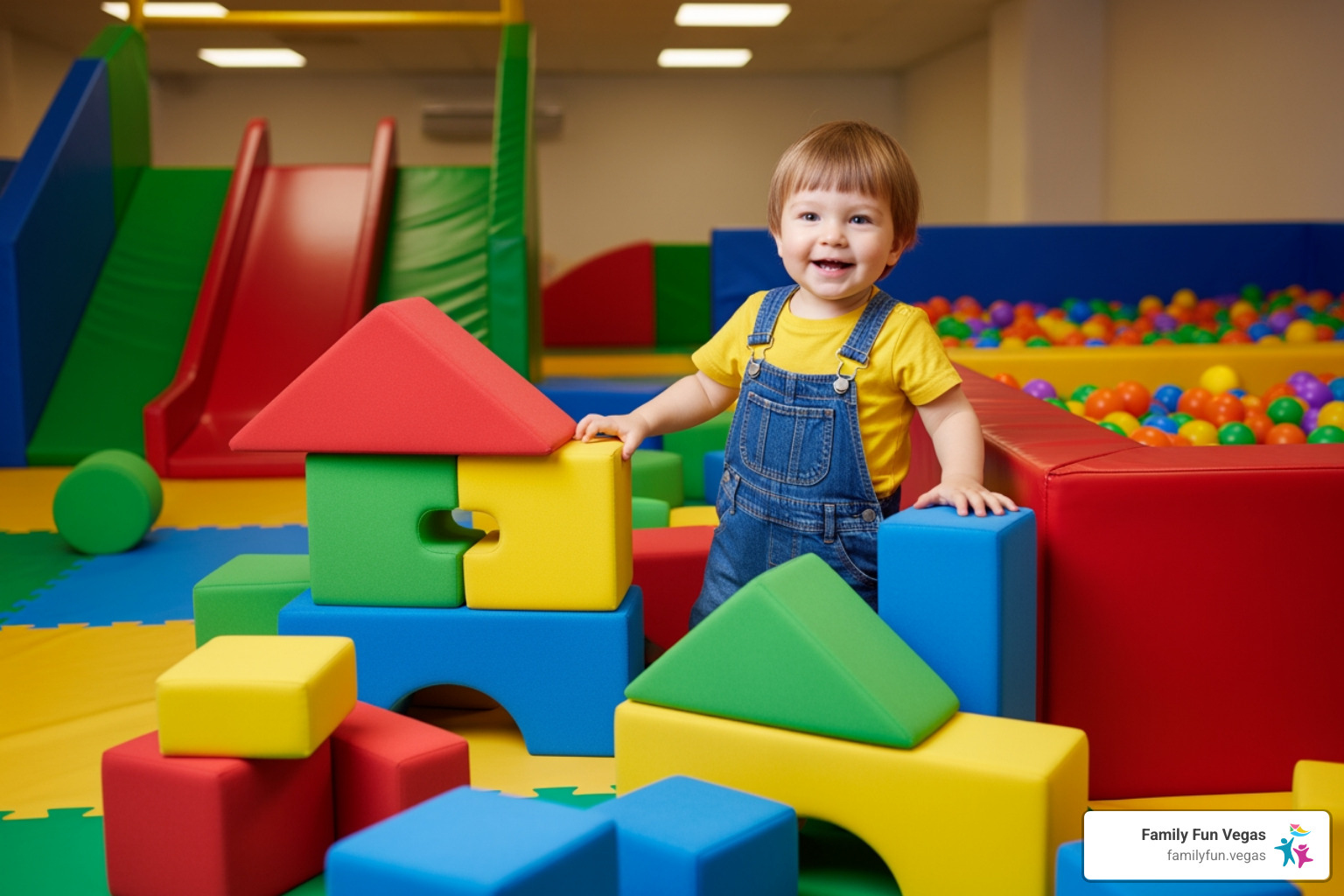 toddler playing in a colorful soft-play area with foam blocks and small slides - indoor playgrounds las vegas