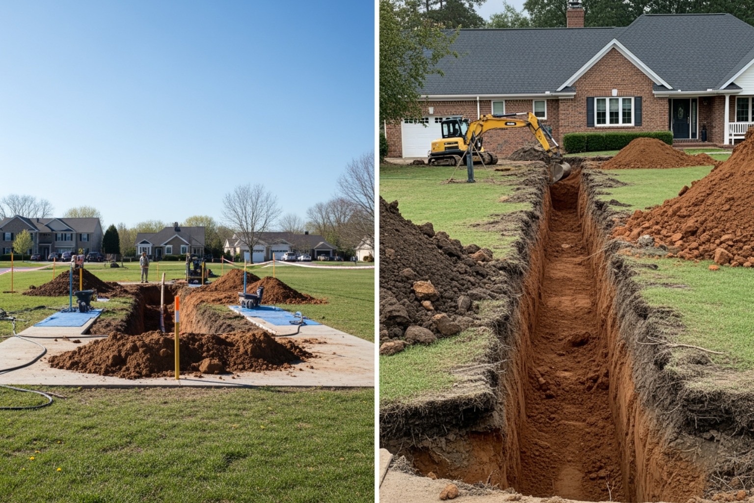 Image showing a side-by-side comparison of a tidy trenchless repair site versus a large trench from traditional excavation - plumbing and sewer repair Image showing a side-by-side comparison of a tidy trenchless repair site versus a large trench from traditional excavation - plumbing and sewer repair