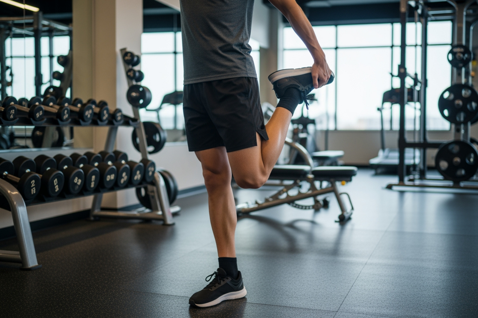 person performing static quad stretch - quick recovery after workout