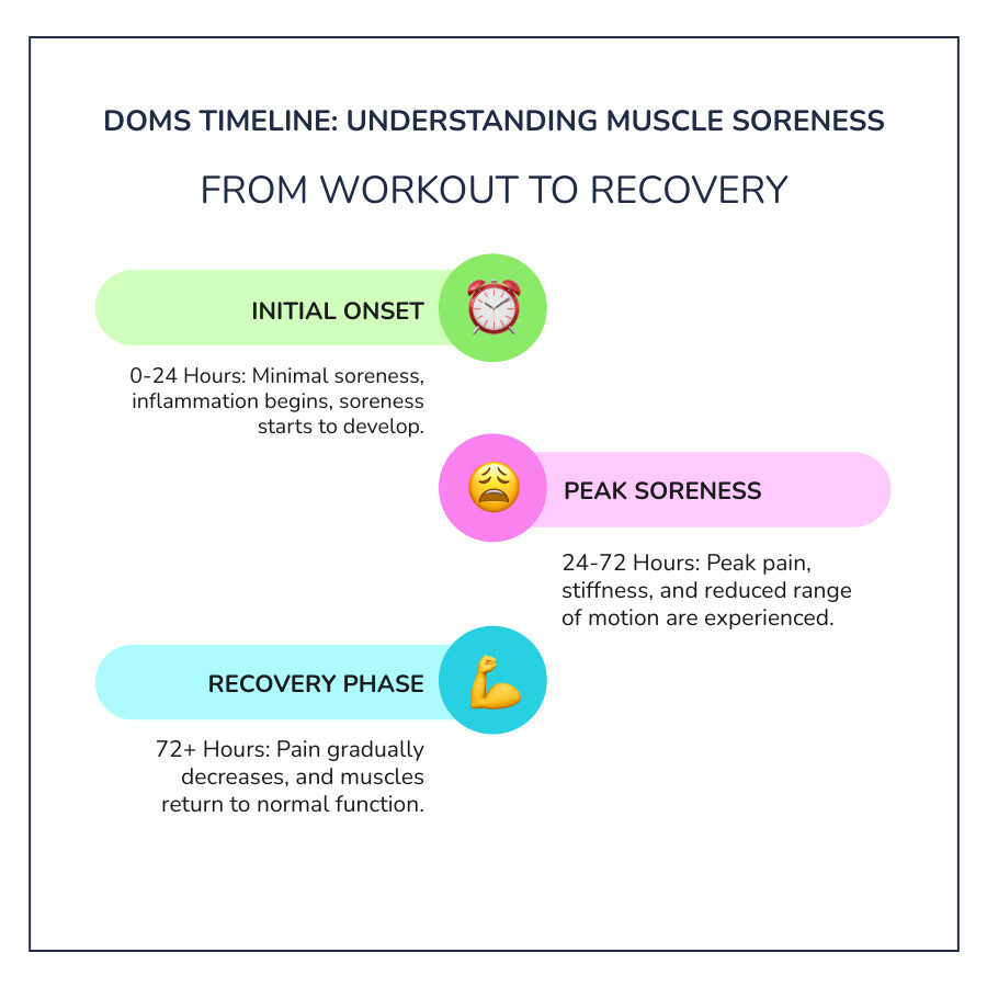 Infographic showing the timeline of Delayed Onset Muscle Soreness from 0 to 72+ hours, with key stages: 0-12 hours (minimal soreness, inflammation begins), 12-24 hours (soreness starts to develop), 24-48 hours (peak pain and stiffness, reduced range of motion), 48-72 hours (pain begins to decrease), and 72+ hours (gradual return to normal function) - post exercise muscle soreness infographic infographic-line-3-steps-colors