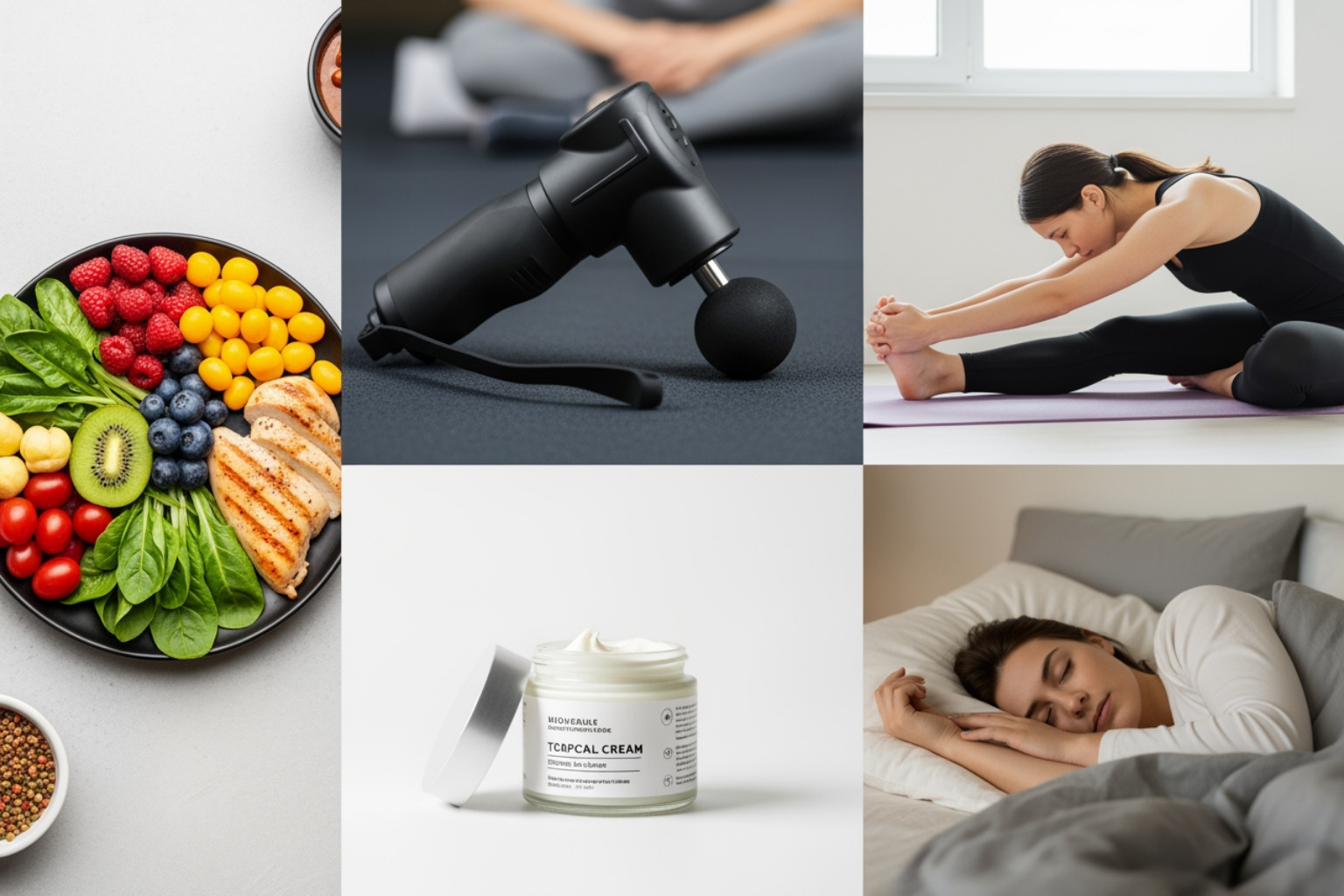 collage of the 5 changes: healthy food, a person doing light yoga, a massage tool, a topical cream, and a person sleeping peacefully - post exercise muscle soreness