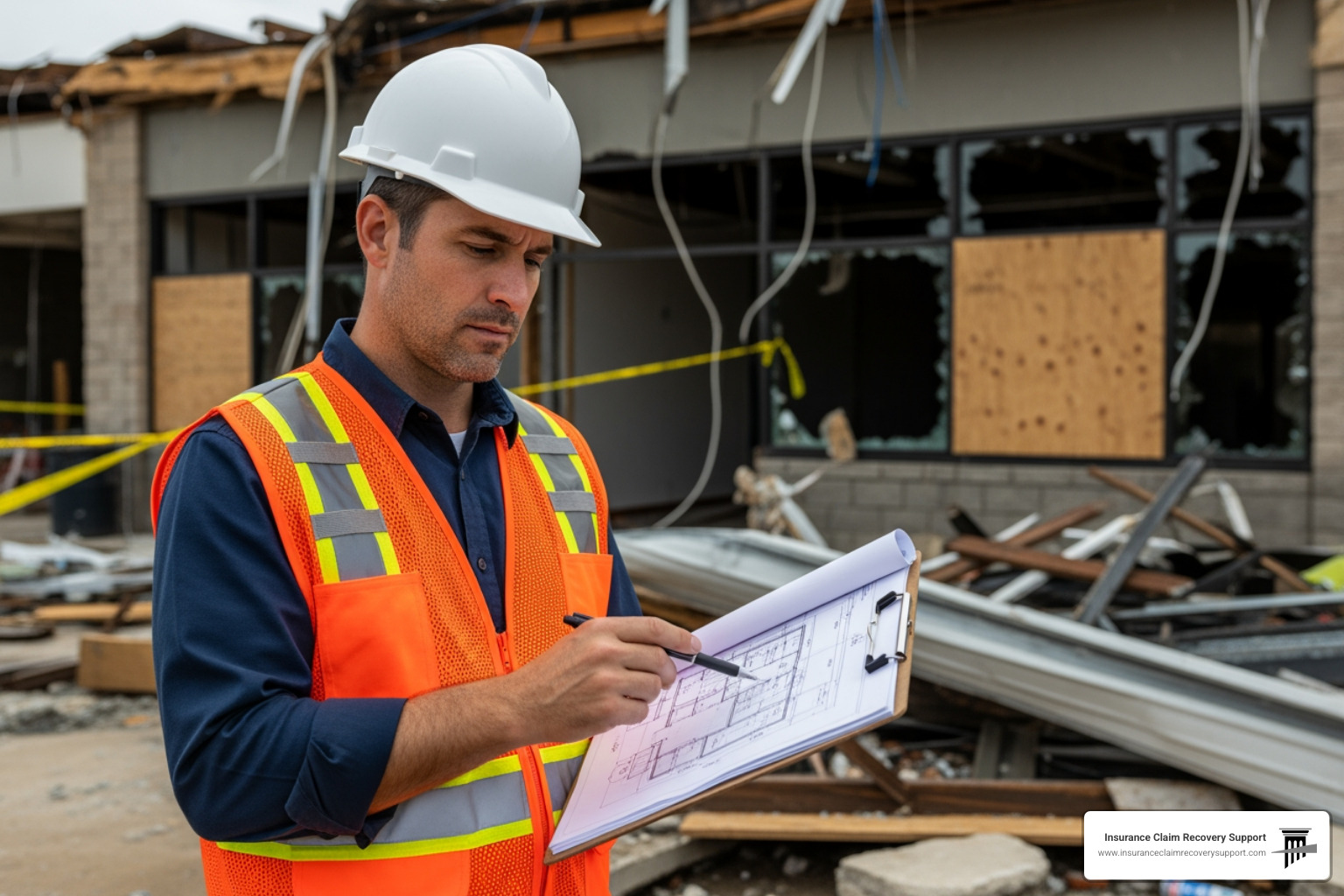 Public adjuster reviewing blueprints at a commercial property damage site - Public adjuster schools Public adjuster reviewing blueprints at a commercial property damage site - Public adjuster schools
