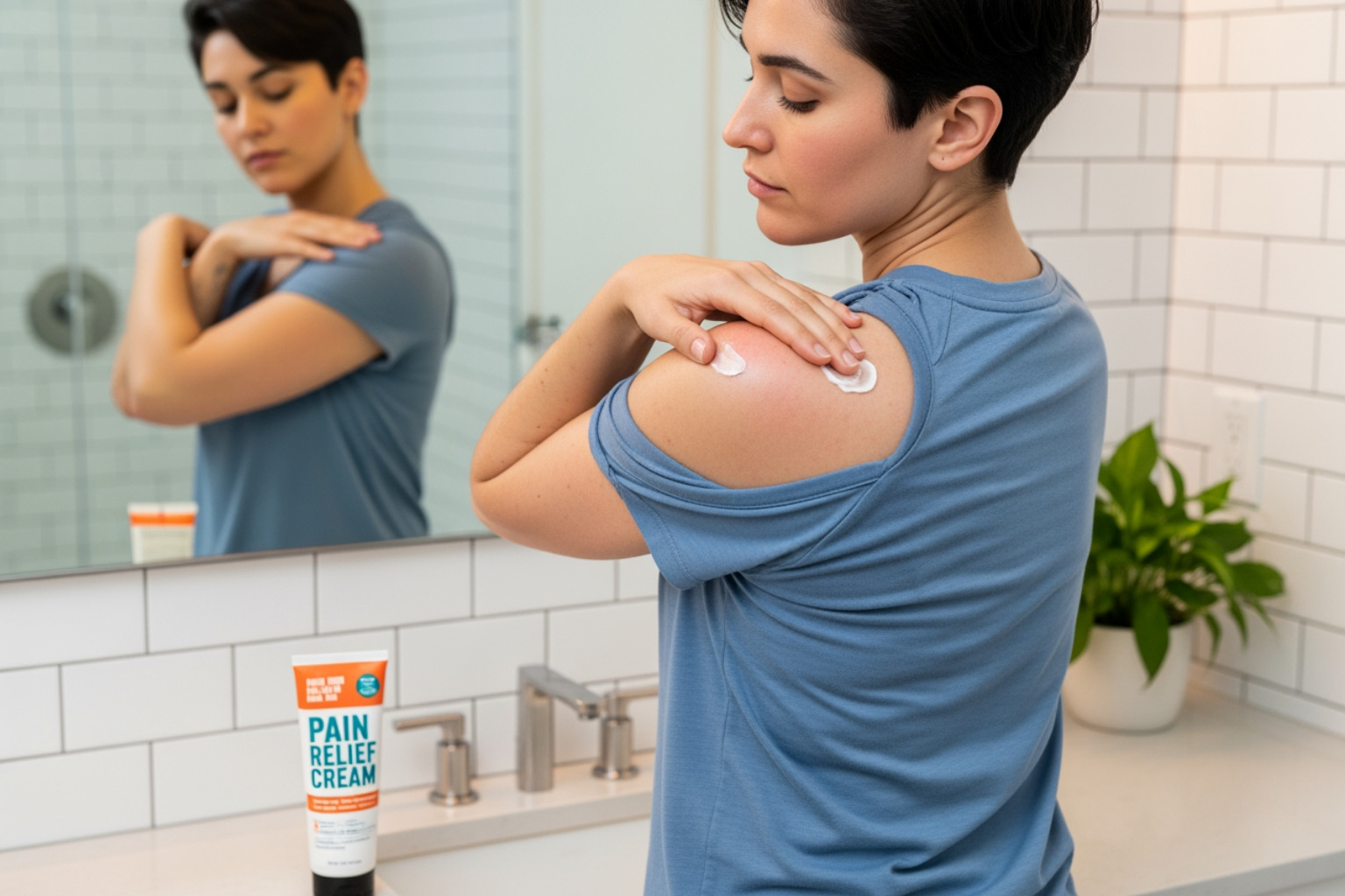 Image of someone applying a topical cream to their back/shoulder area, illustrating targeted pain relief - latissimus dorsi muscle pain Image of someone applying a topical cream to their back/shoulder area, illustrating targeted pain relief - latissimus dorsi muscle pain