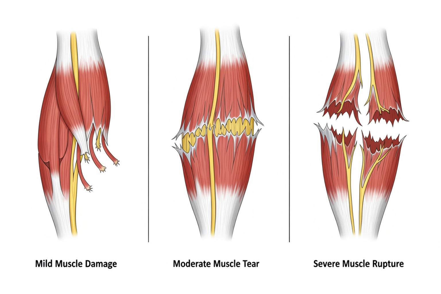 illustration showing three grades of muscle strain, from a few torn fibers (grade 1) to a partial tear (grade 2) to a complete tear (grade 3) - pulled muscle