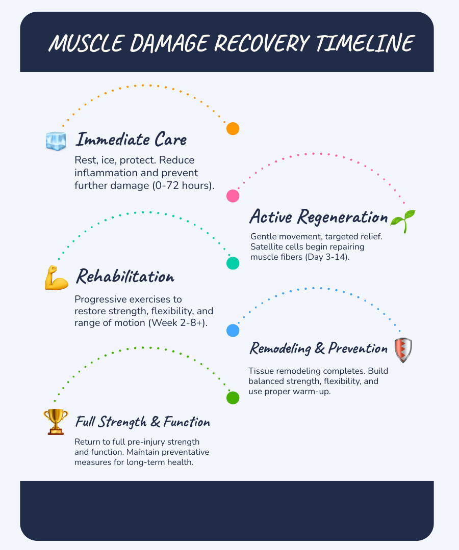 Infographic showing the muscle damage recovery timeline: Day 0-3 Inflammation phase with immune cell response, Day 3-14 Regeneration phase with satellite cell activation, Week 2-8 Remodeling phase with strength restoration, and ongoing prevention strategies - muscle damage recovery infographic infographic-line-5-steps-blues-accent_colors Infographic showing the muscle damage recovery timeline: Day 0-3 Inflammation phase with immune cell response, Day 3-14 Regeneration phase with satellite cell activation, Week 2-8 Remodeling phase with strength restoration, and ongoing prevention strategies - muscle damage recovery infographic infographic-line-5-steps-blues-accent_colors