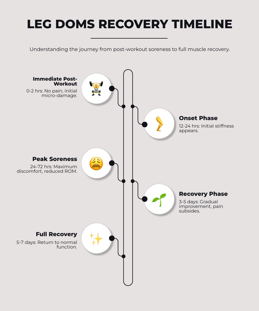 Infographic showing the complete timeline of leg DOMS from workout through recovery, including: immediate post-workout (0-2 hours) with no pain, onset phase (12-24 hours) with initial stiffness, peak soreness phase (24-72 hours) with maximum discomfort and reduced range of motion, recovery phase (3-5 days) with gradual improvement, and full recovery (5-7 days) with return to normal function. Each phase includes visual indicators of pain levels and recommended recovery interventions. - leg doms recovery infographic infographic-line-5-steps-elegant_beige Infographic showing the complete timeline of leg DOMS from workout through recovery, including: immediate post-workout (0-2 hours) with no pain, onset phase (12-24 hours) with initial stiffness, peak soreness phase (24-72 hours) with maximum discomfort and reduced range of motion, recovery phase (3-5 days) with gradual improvement, and full recovery (5-7 days) with return to normal function. Each phase includes visual indicators of pain levels and recommended recovery interventions. - leg doms recovery infographic infographic-line-5-steps-elegant_beige