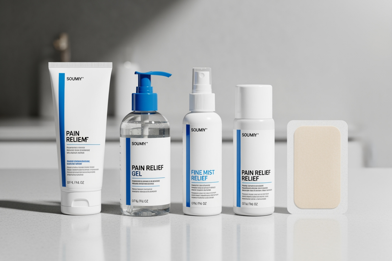 lineup of different product formats including a cream tube, a gel pump, a spray bottle, and a patch - pain relief rub cream lineup of different product formats including a cream tube, a gel pump, a spray bottle, and a patch - pain relief rub cream