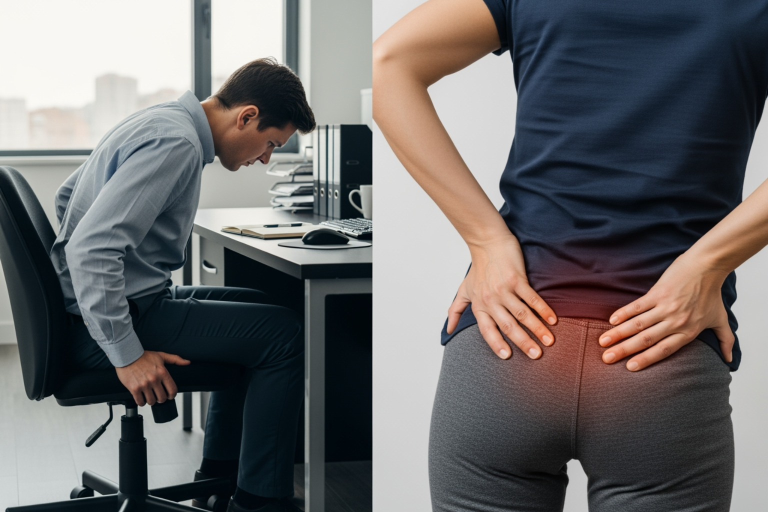 Common causes of buttock pain, including a person with bad posture at a desk and another showing muscle strain in the glutes - how to relieve buttock muscle pain Common causes of buttock pain, including a person with bad posture at a desk and another showing muscle strain in the glutes - how to relieve buttock muscle pain