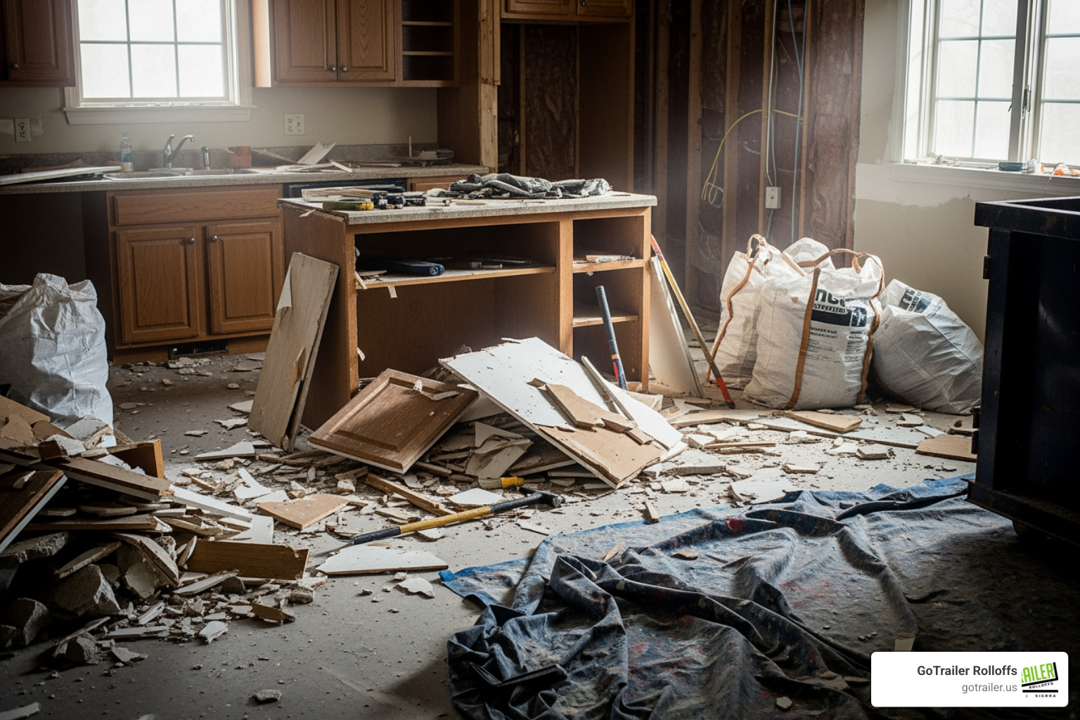 Kitchen remodel with debris ready for a dumpster - 20 yard roll off bin