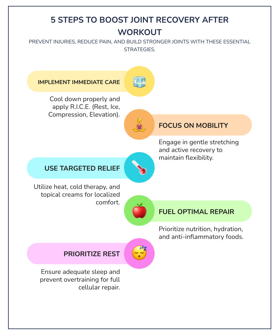 Infographic showing 5 key steps for joint recovery after workout: Step 1 - Immediate Care (cooldown and R.I.C.E. method with ice pack and compression), Step 2 - Mobility (stretching figure and active recovery activities), Step 3 - Targeted Relief (hot and cold therapy icons with topical cream), Step 4 - Nutrition (plate of anti-inflammatory foods and water bottle with electrolytes), Step 5 - Rest (person sleeping peacefully and calendar showing rest days between workouts) - joint recovery after workout infographic infographic-line-5-steps-colors