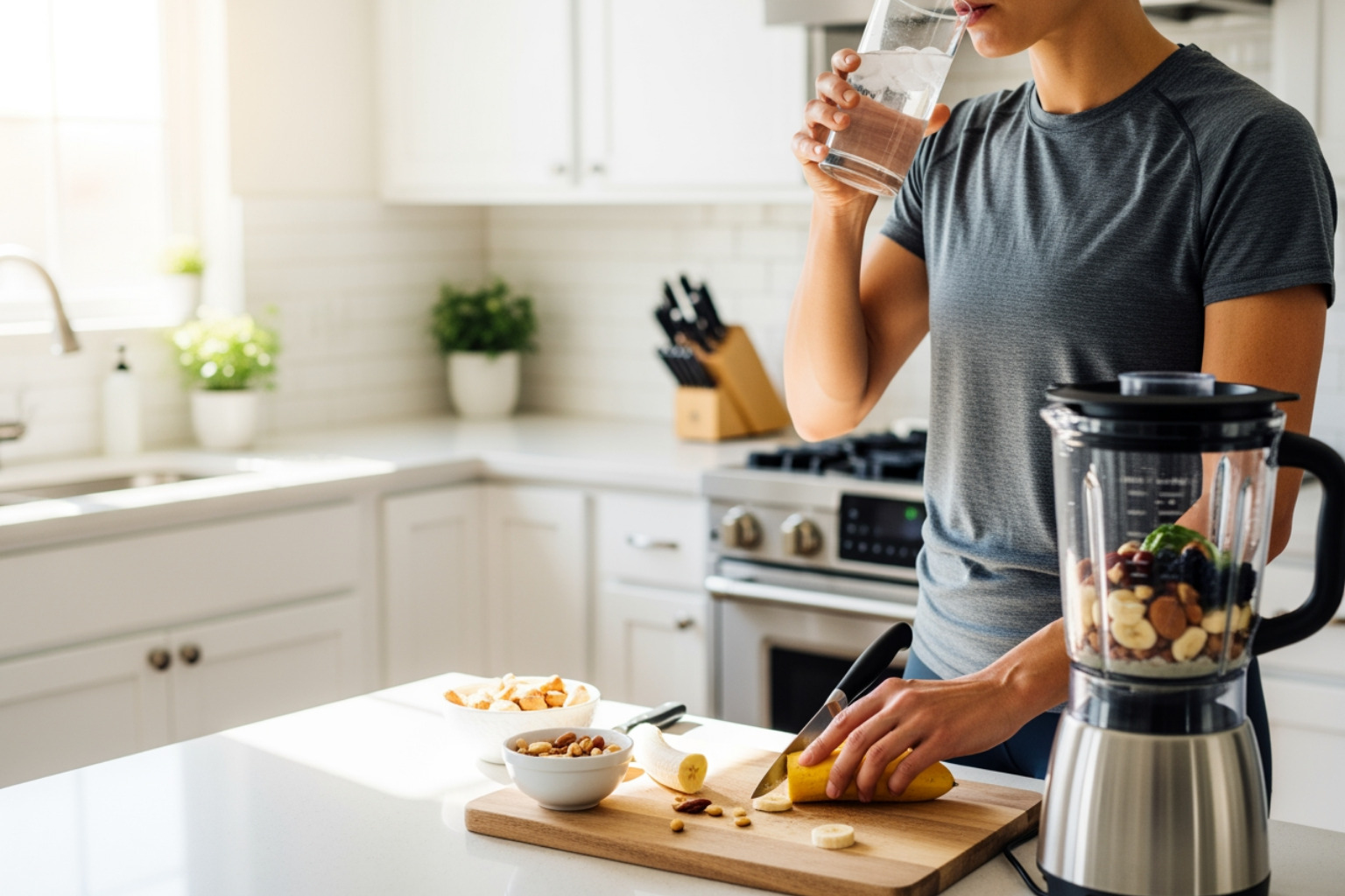 someone drinking water and preparing a healthy pre-workout snack - post leg day recovery