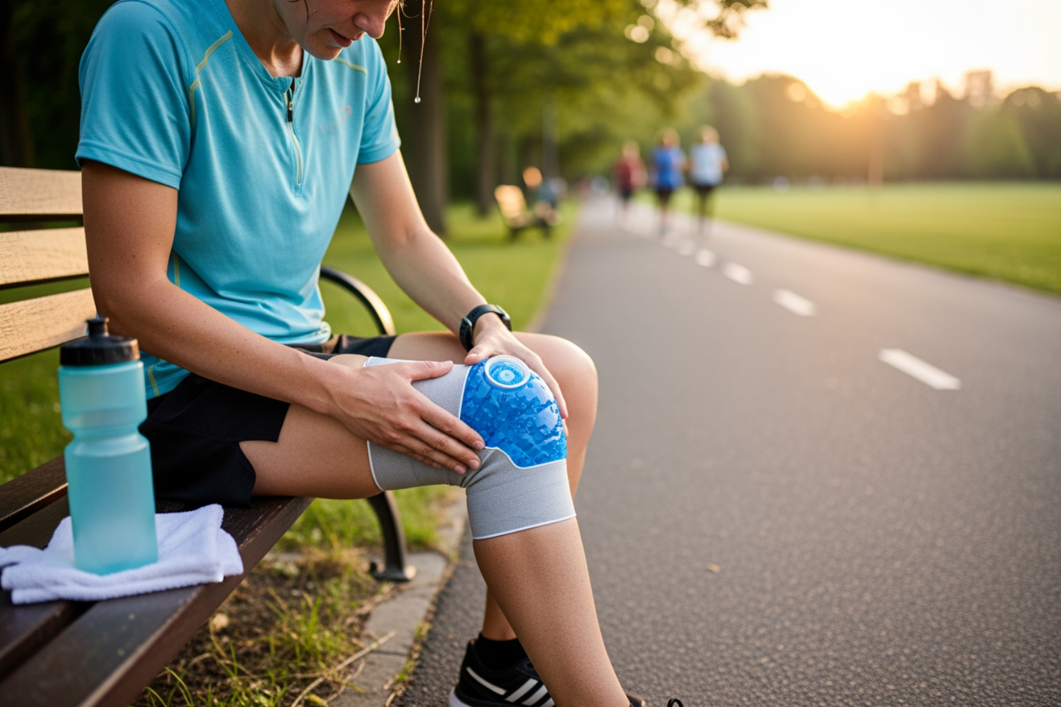 someone applying an ice pack to their knee after a run - joint recovery after workout